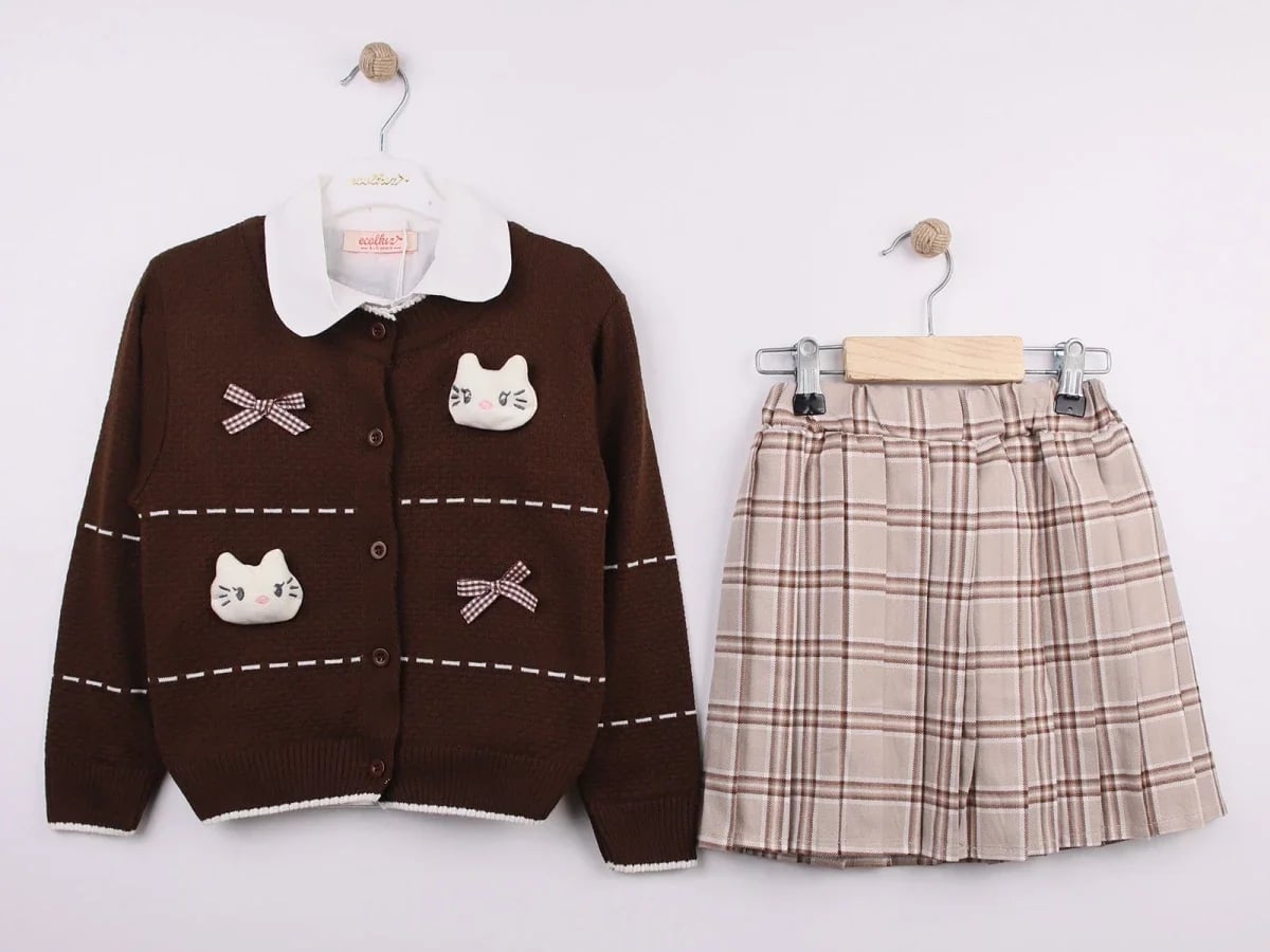 Girls' Cardigan and Skirt Set with Cat Appliques - Dark Brown - Ecolkiz - by Peralane