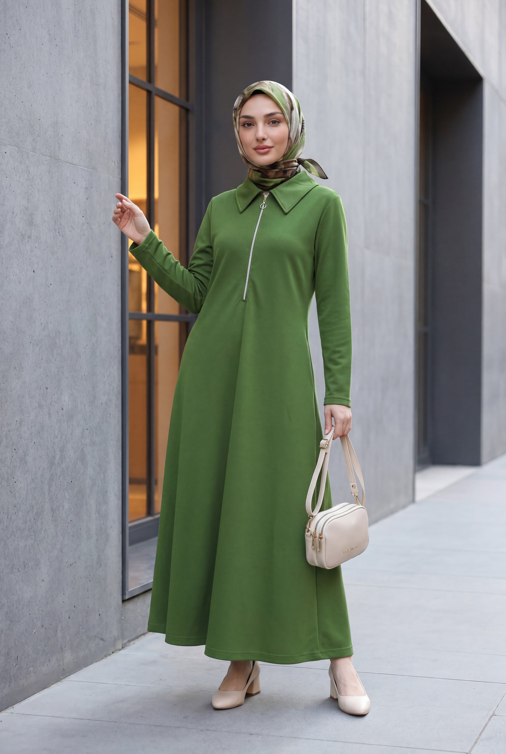 Half-Zip Long-Sleeve Shirt Collar Maxi Dress - Dark Green - Podyumplus - by Peralane