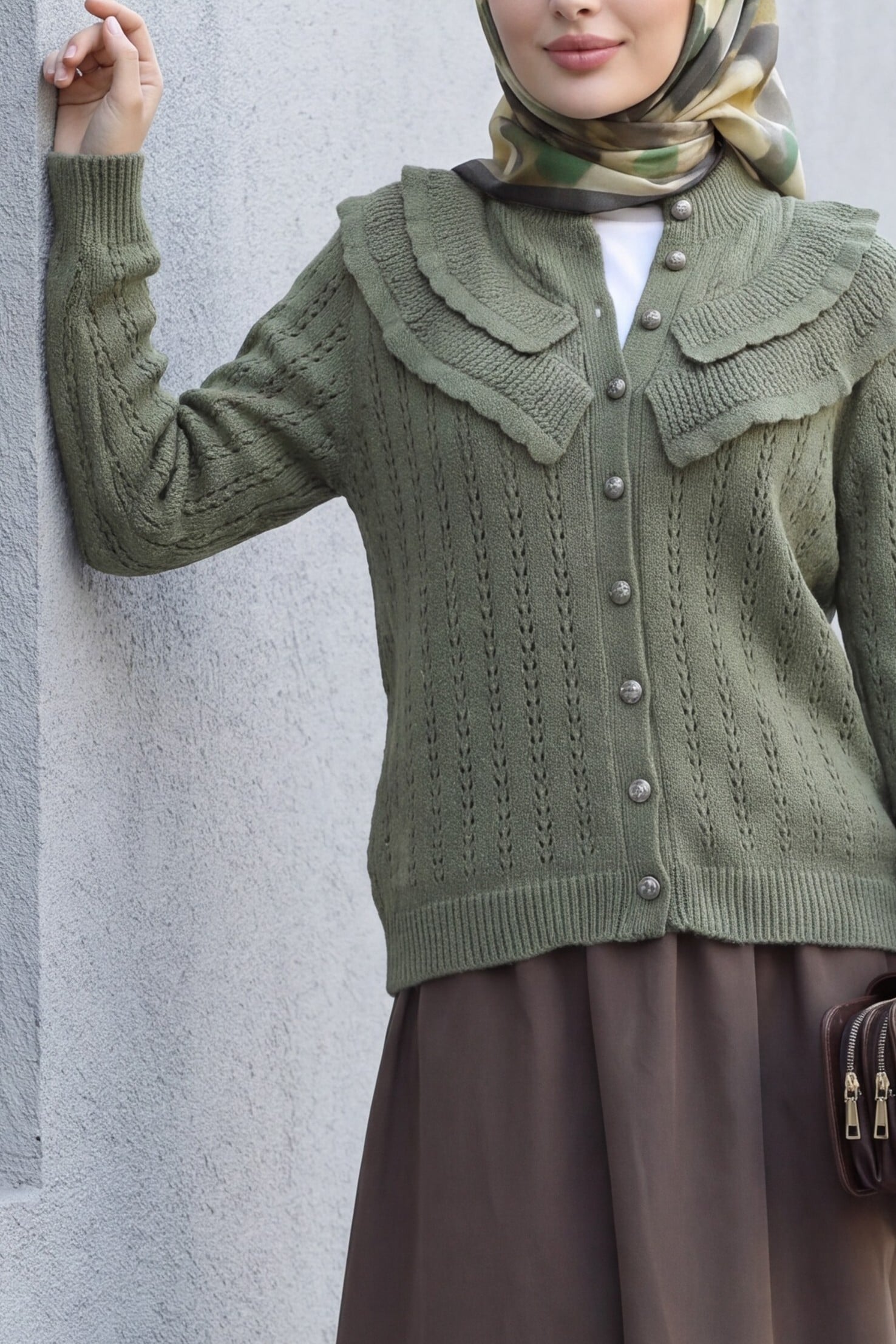 Ruffled Collar Openwork Button Front Knit Cardigan - Khaki - Podyumplus - by Peralane - photo 2