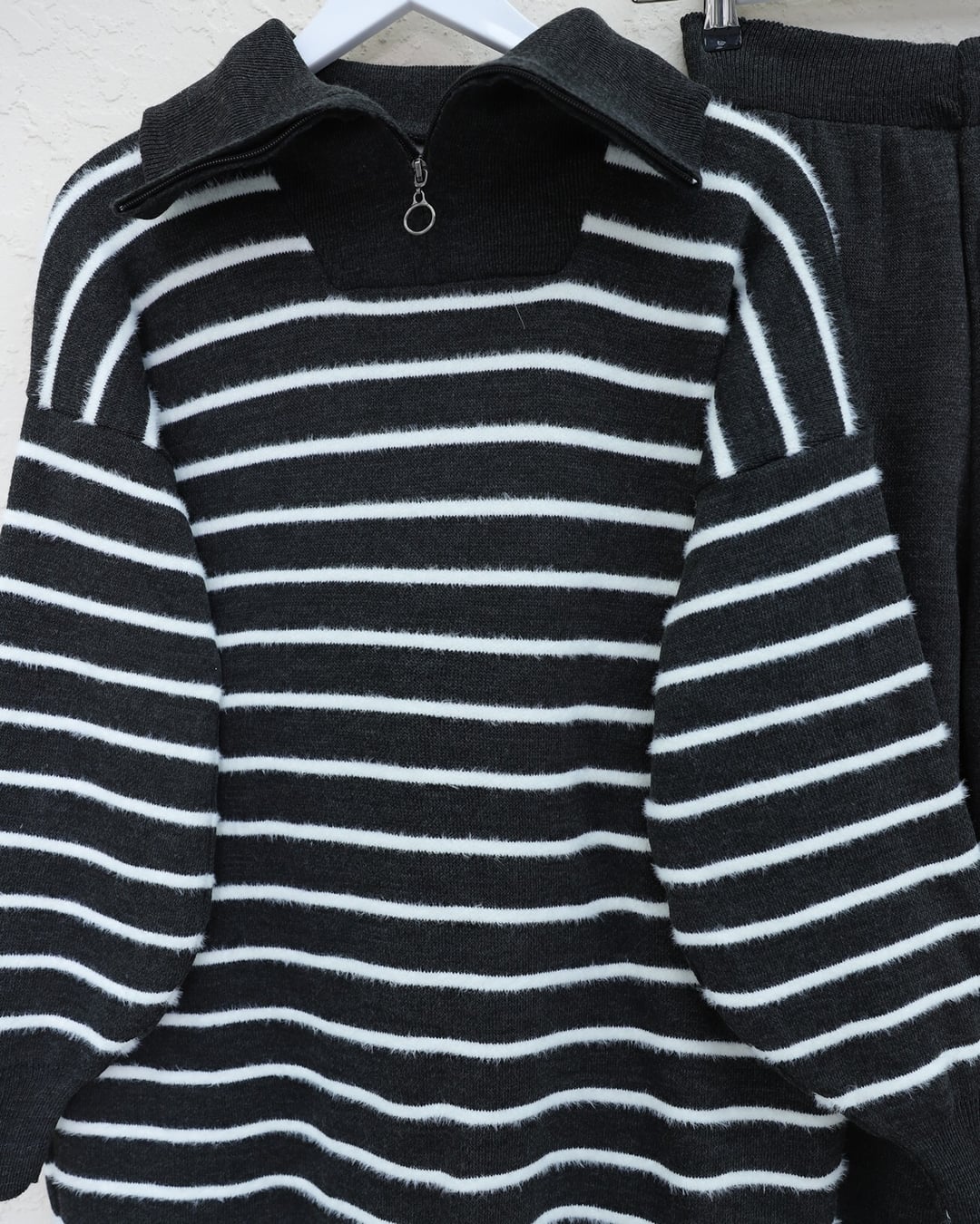 Women's High Collar Zip Striped Knit Set - Anthracite - Podyumplus - by Peralane - photo 6