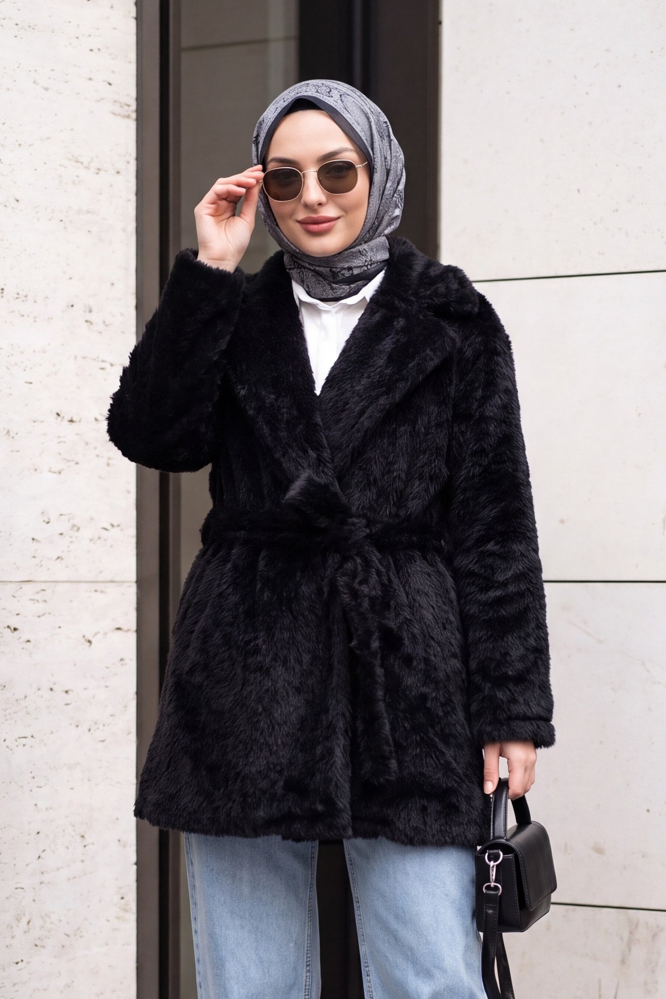 Belted Pocket Faux Fur Cape Coat - Black - Podyumplus - by Peralane - photo 2