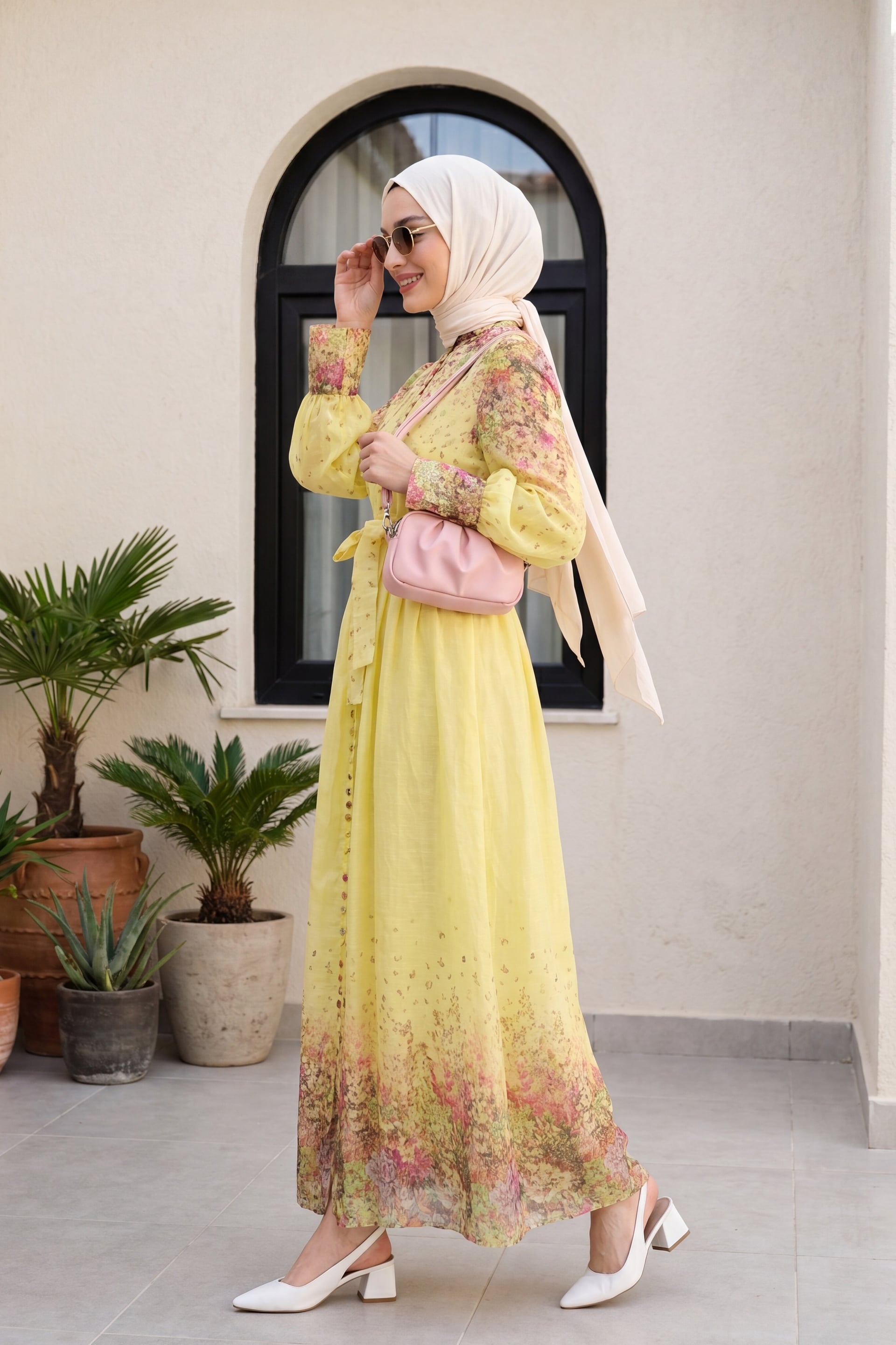 Floral Print Belted Long-Sleeve Dress with Button Details - Yellow - Podyumplus - by Peralane - photo 2