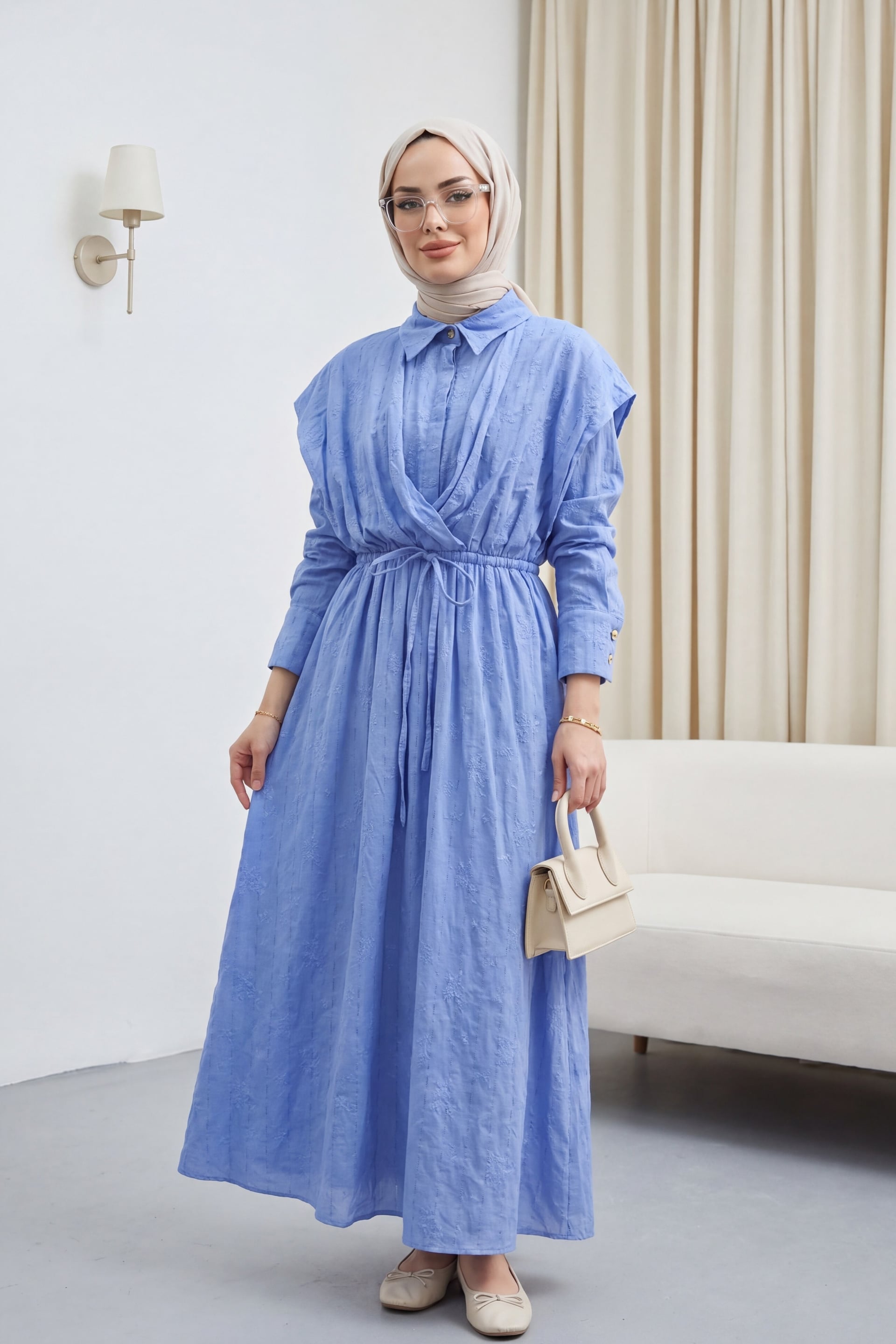 Half Button Linen Look Dress with Drawstring Waist - Blue - Podyumplus - by Peralane