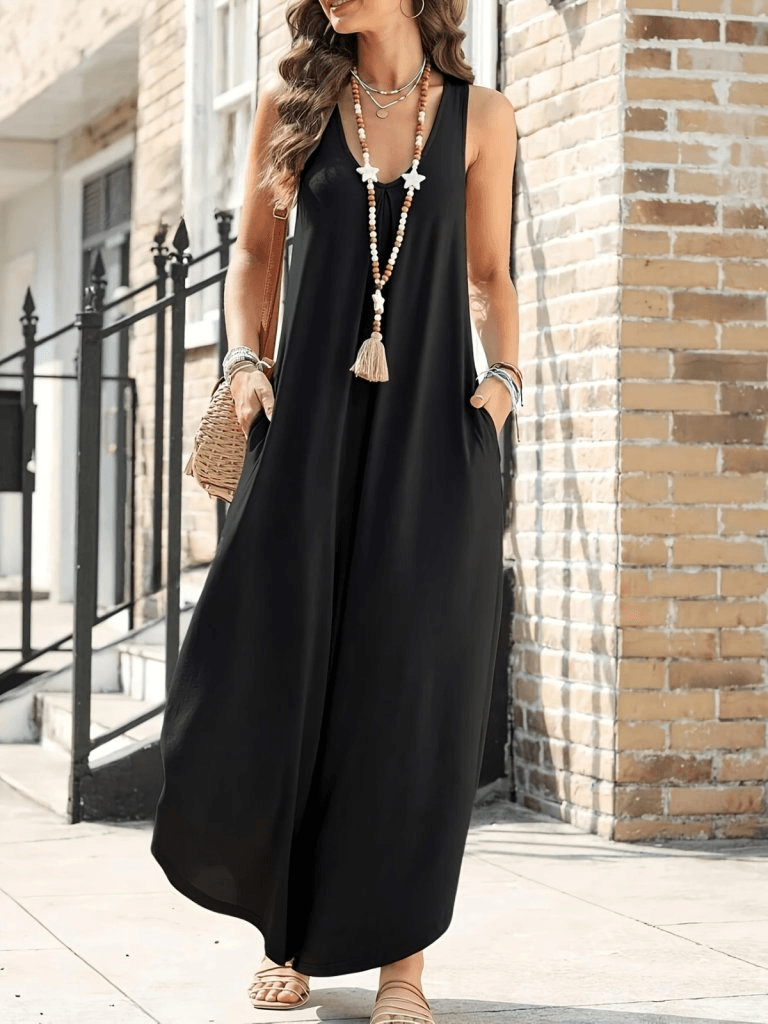 Women's Sleeveless Round Neck Pocketed Casual Long Viscose Jumpsuit - Janes - by Peralane
