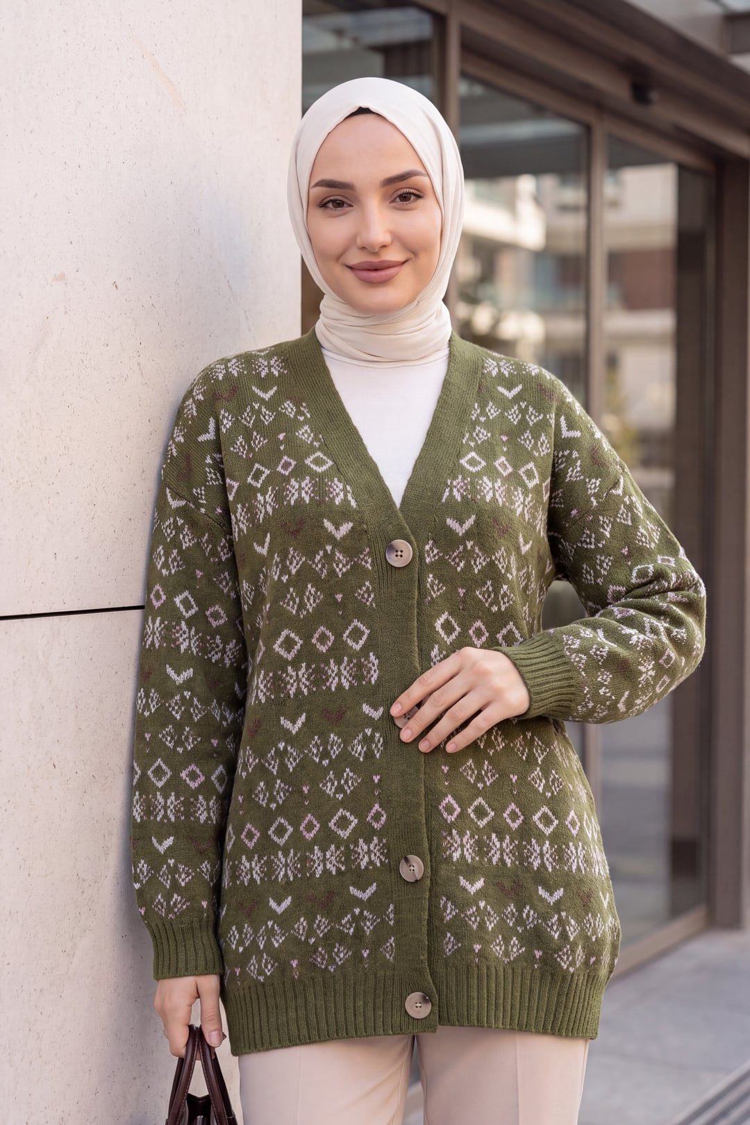 Olive Green V-Neck Patterned Button-Front Knit Cardigan - Podyumplus - by Peralane - photo 3