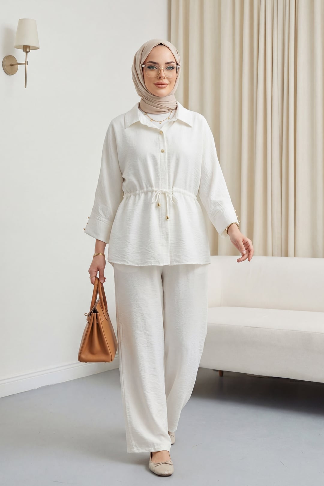 Cotton Crinkle Two-Piece Set with Drawstring Waist Pants - Ecru - Podyumplus - by Peralane - photo 5