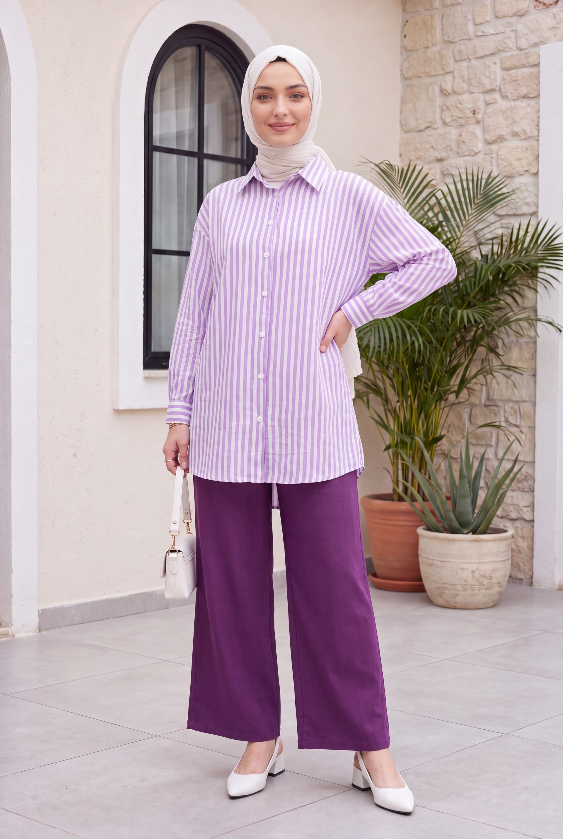 Striped Linen Look Button-Front Long Blouse - Lilac - Podyumplus - by Peralane - photo 4
