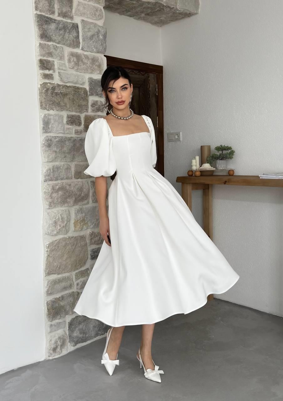 Poplin Midi Dress with Square Neck and Puff Sleeves - Ecru - Etika - by Peralane - photo 4