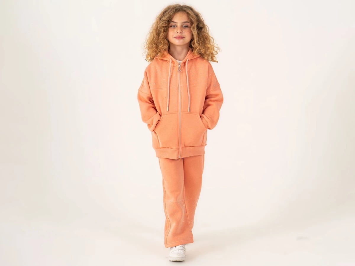 Girls' 3-Thread Brushed Tracksuit with Zip Hoodie and Stone Details - Peach - Lumii - by Peralane