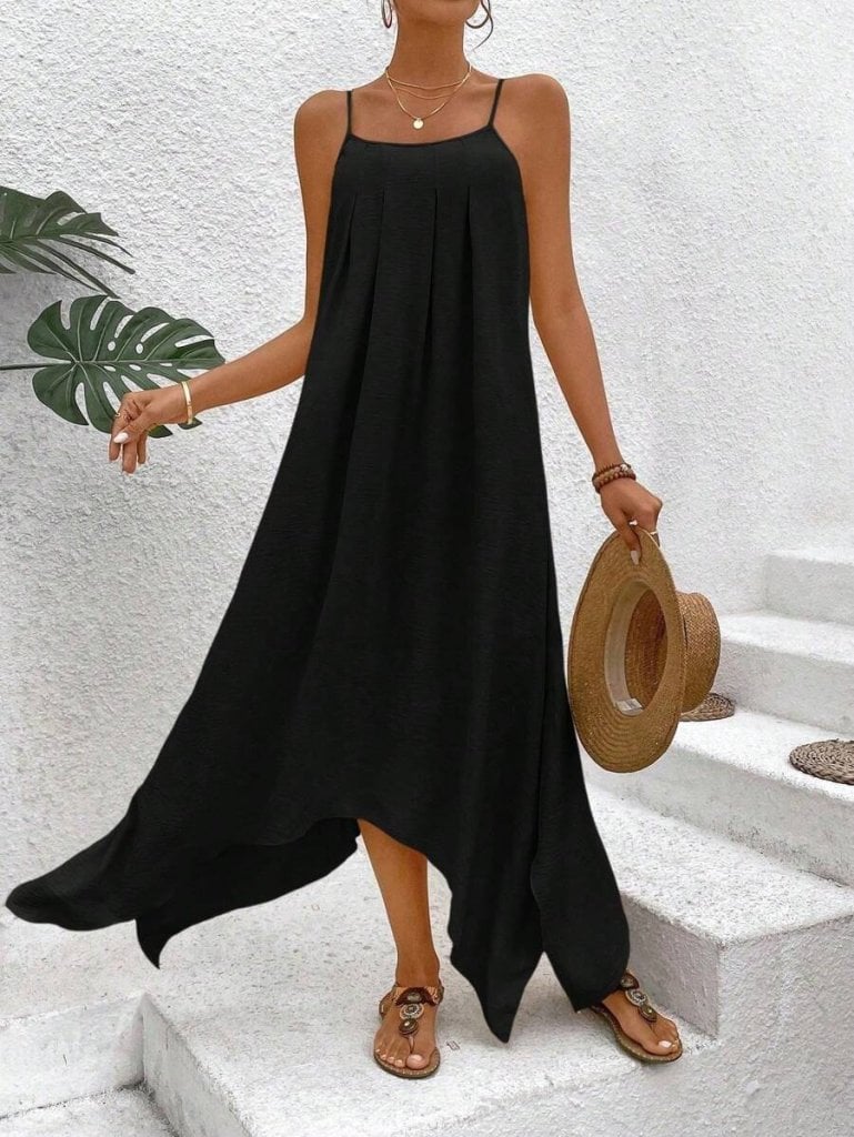 Women's Black Spaghetti Strap Asymmetric V-Neck Flowy Dress - Janes - by Peralane - photo 3