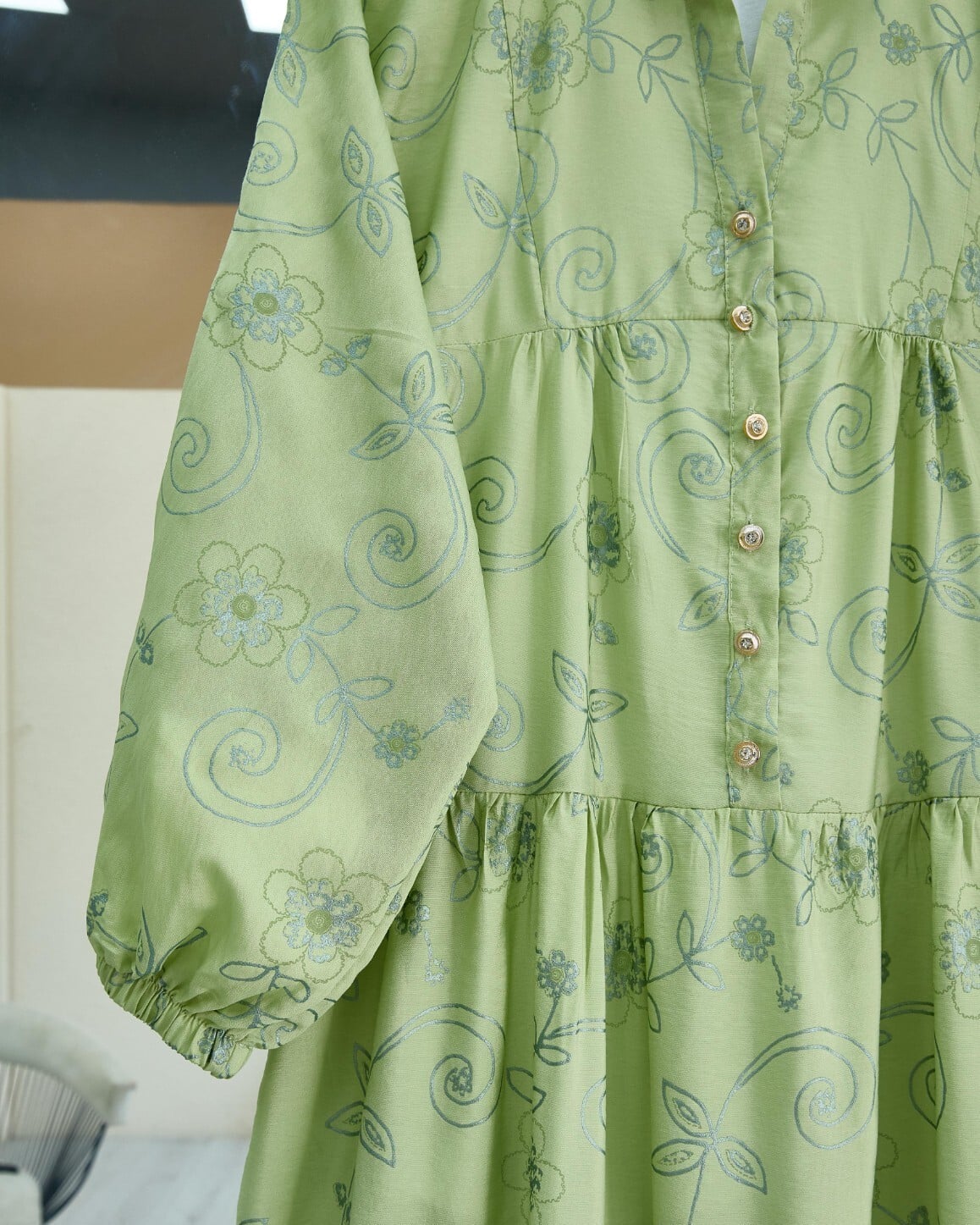Long-Sleeved Tiered Dress with Half Button Placket and Jacquard Print - Khaki - Podyumplus - by Peralane - photo 7