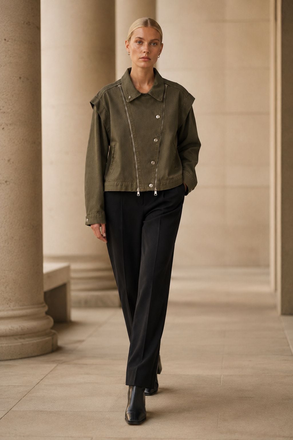 Women's Cropped Denim Jacket with Asymmetrical Zip - Olive Green - Xlove - by Peralane - photo 5