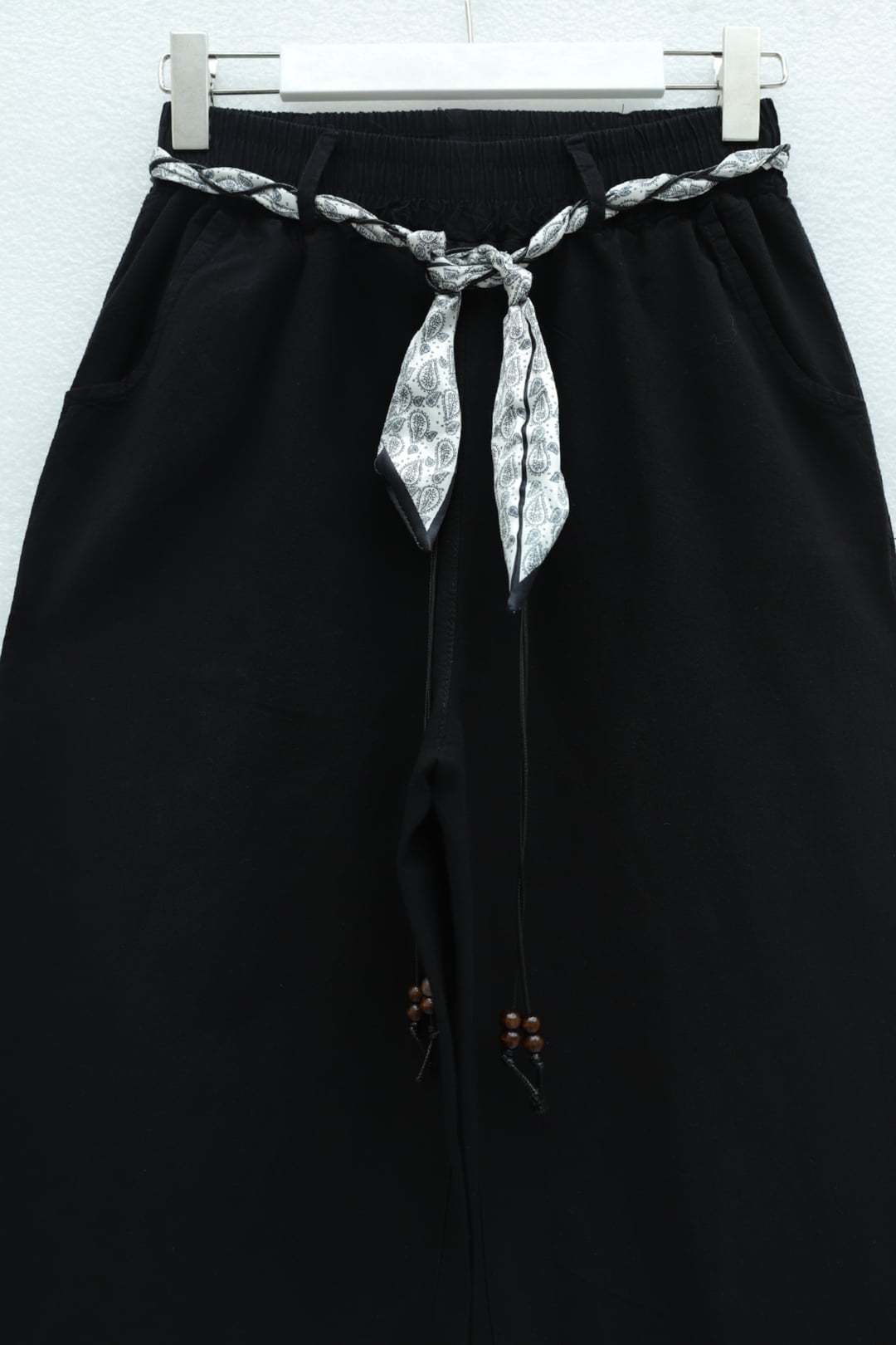 Wide-Leg Elastic Waist Belted Pocket Linen Look Trousers - Black - Podyumplus - by Peralane - photo 6
