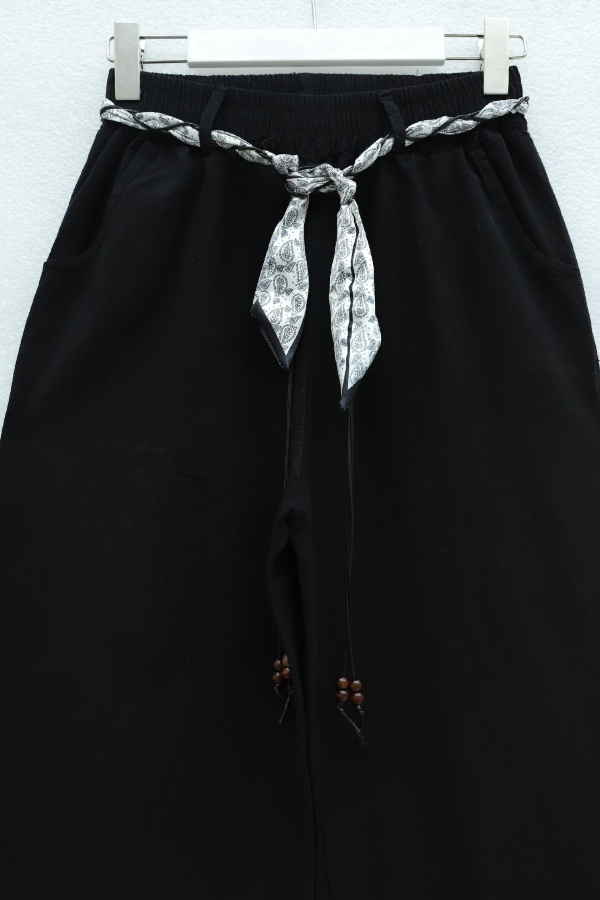 Wide-Leg Elastic Waist Belted Pocket Linen Look Trousers - Black - Podyumplus - by Peralane - photo 6