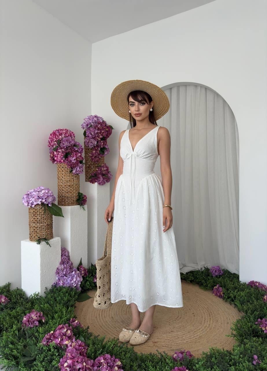 Women's White Embroidered Floral Midi Dress with Tie Detail - Etika - by Peralane - photo 5