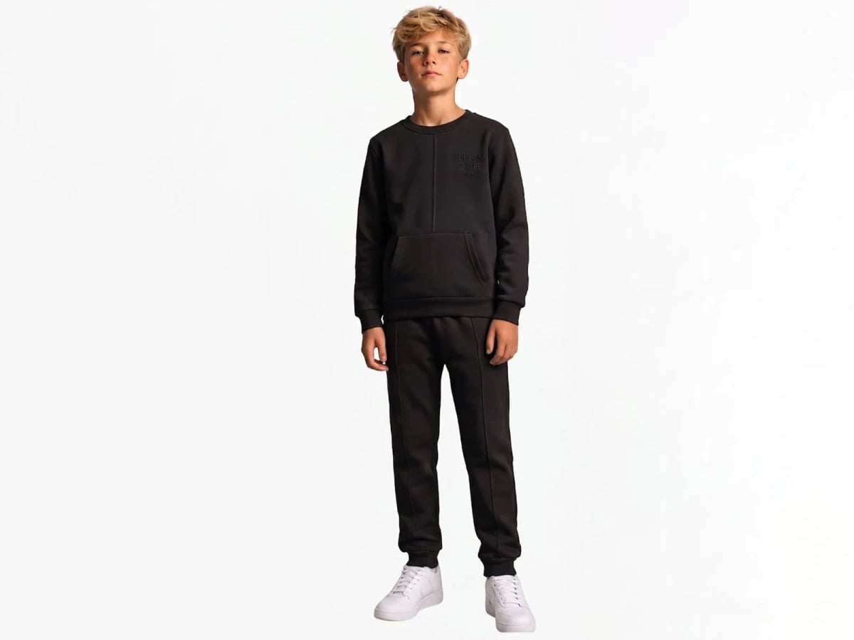 Black Boys' Emblem Kangaroo Pocket Hooded Tracksuit Set with Fleece Back - Koska - by Peralane
