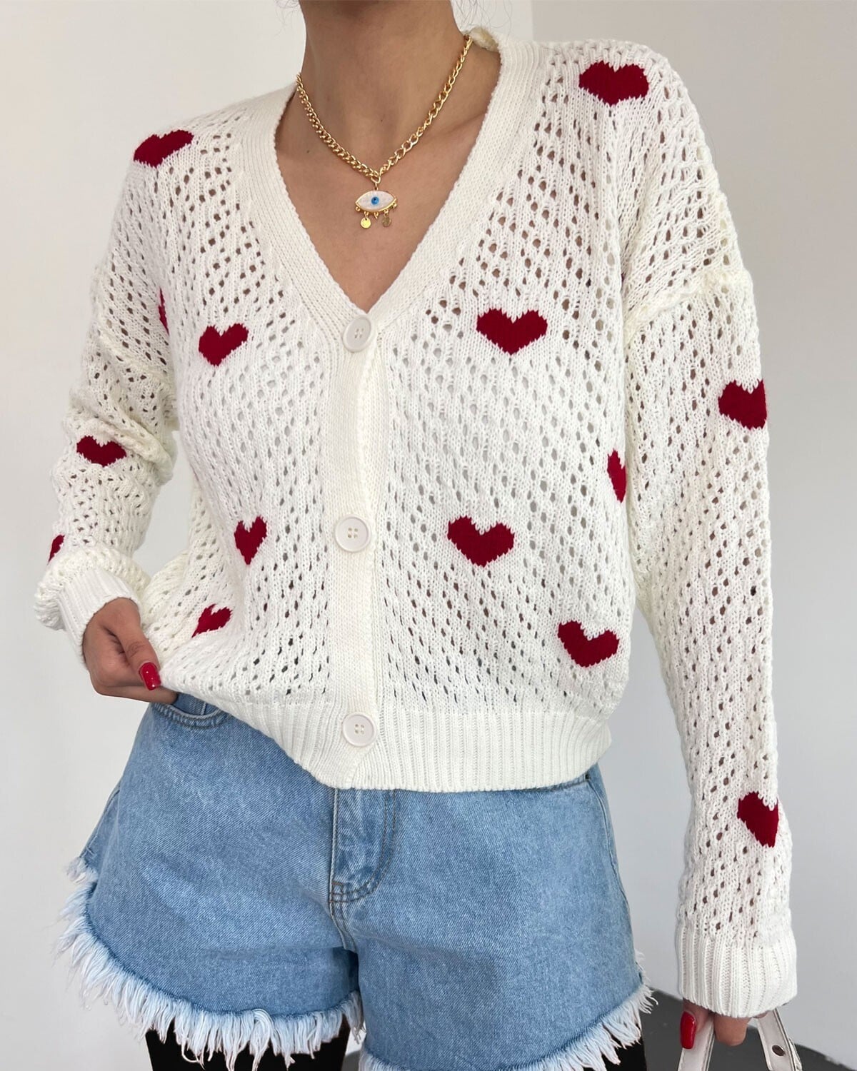 Heart Pattern Buttoned Lace Knit Cardigan - Ecru - Podyumplus - by Peralane - photo 5