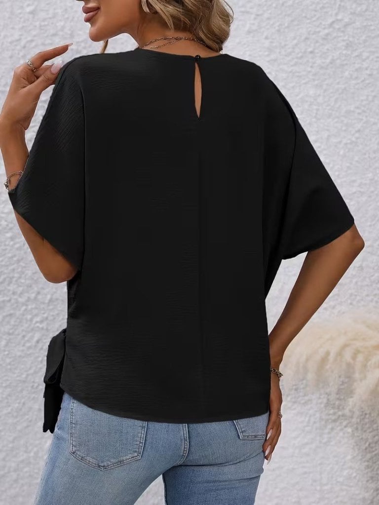 Women's Short-Sleeved Round Neck Side-Tie Textured Blouse - Janes - by Peralane - photo 6