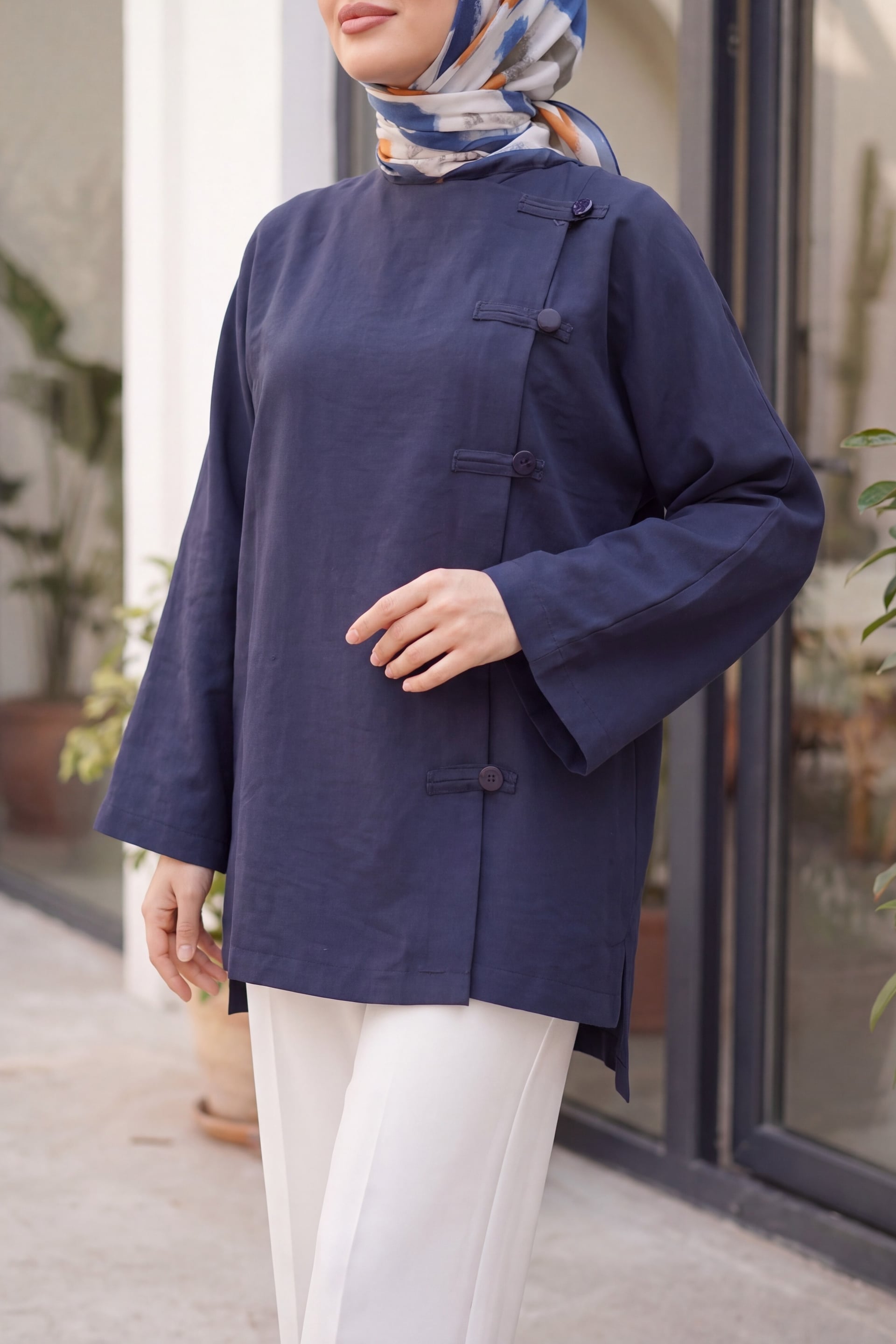 Round Neck Button Front Long Back Polyviscose Tunic - Navy - Podyumplus - by Peralane