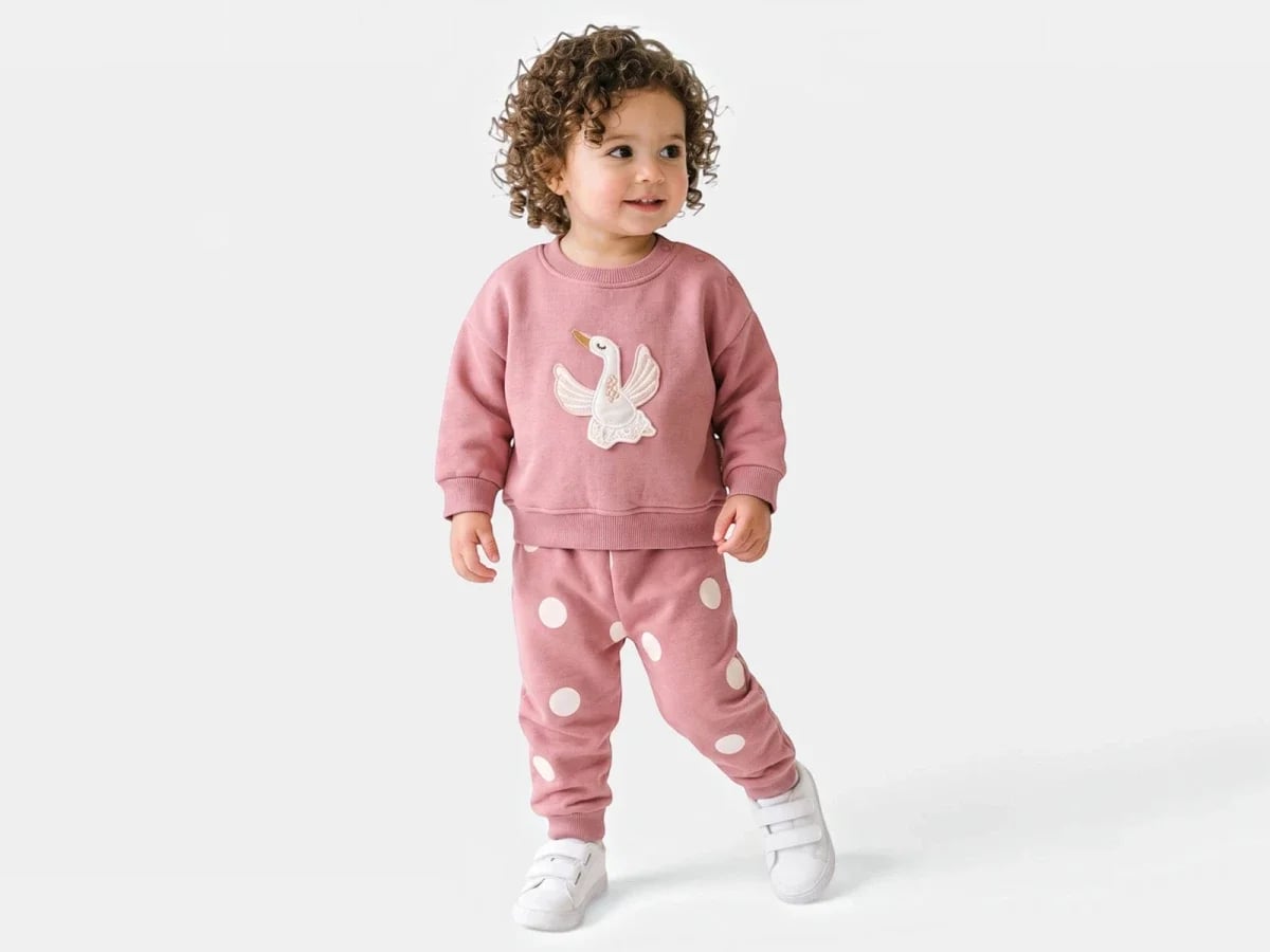 Swan Print Fleece Girls' Sweatshirt and Trousers Set (6-24 Months) - Vovido - by Peralane