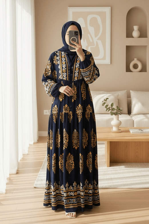 Navy Blue Authentic Print Modest Maxi Dress - Bigdart - by Peralane