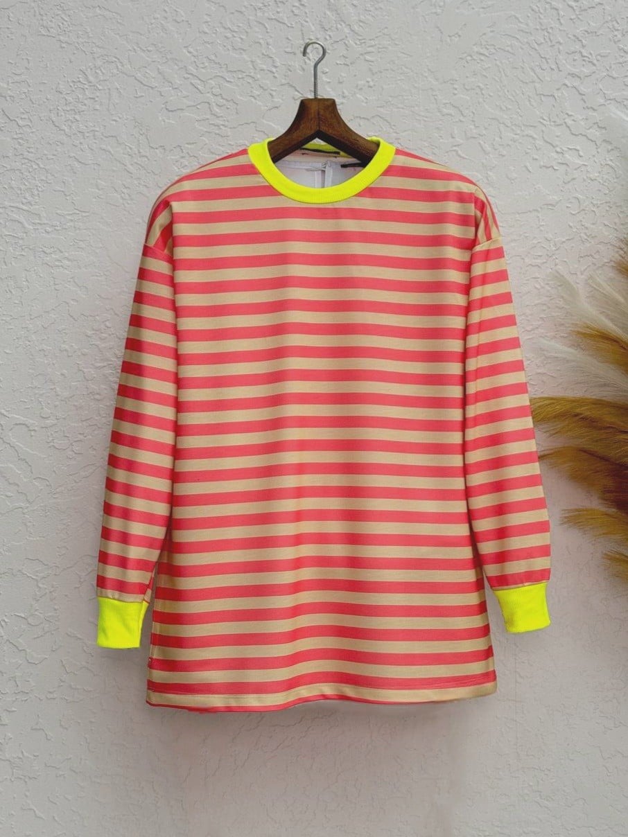 Striped Crew Neck Sweatshirt - Coral Pink and Beige with Neon Yellow Trim - Podyumplus - by Peralane - photo 6