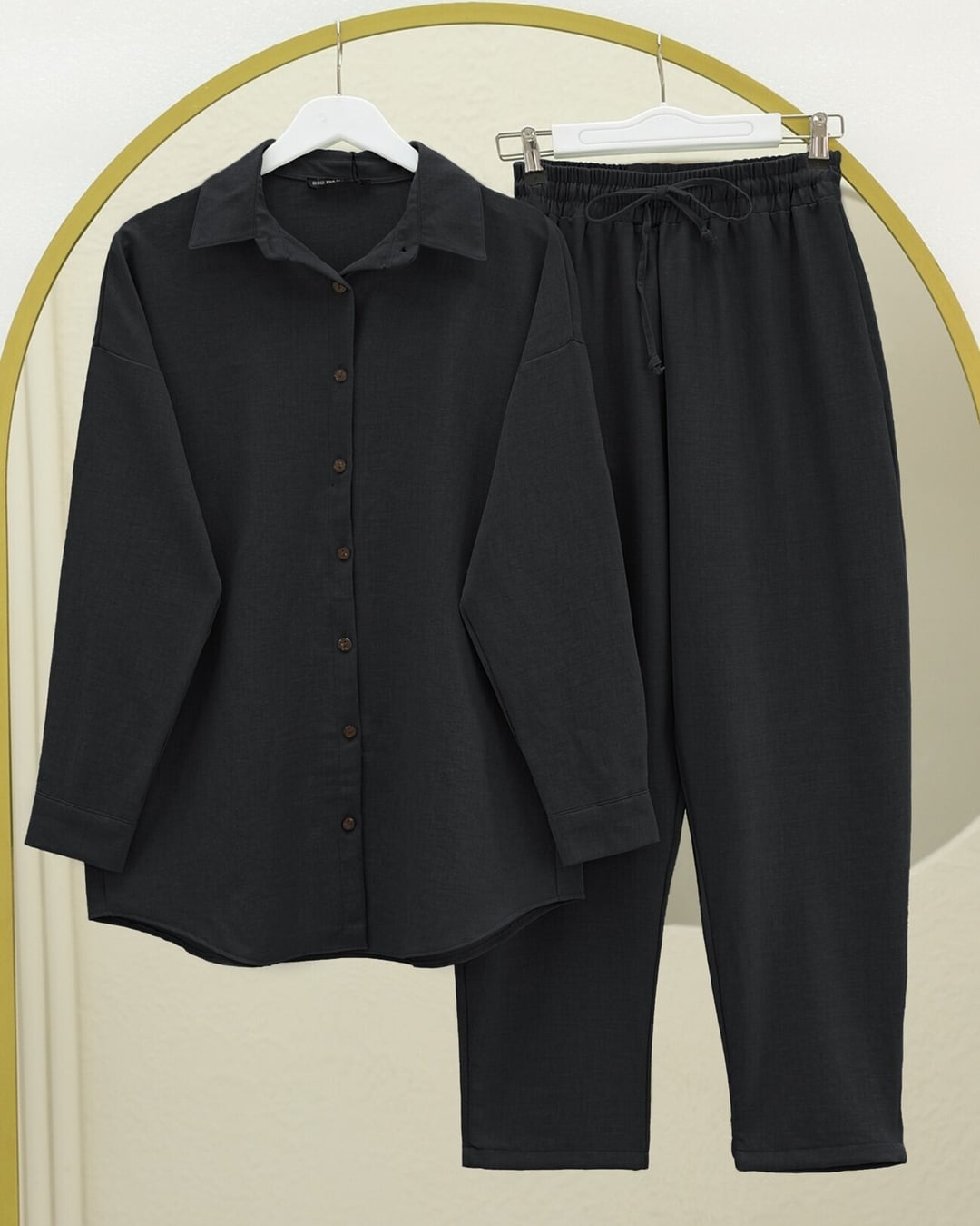 Black Linen Look Shirt and Trousers Set with Full Placket - Podyumplus - by Peralane - photo 2