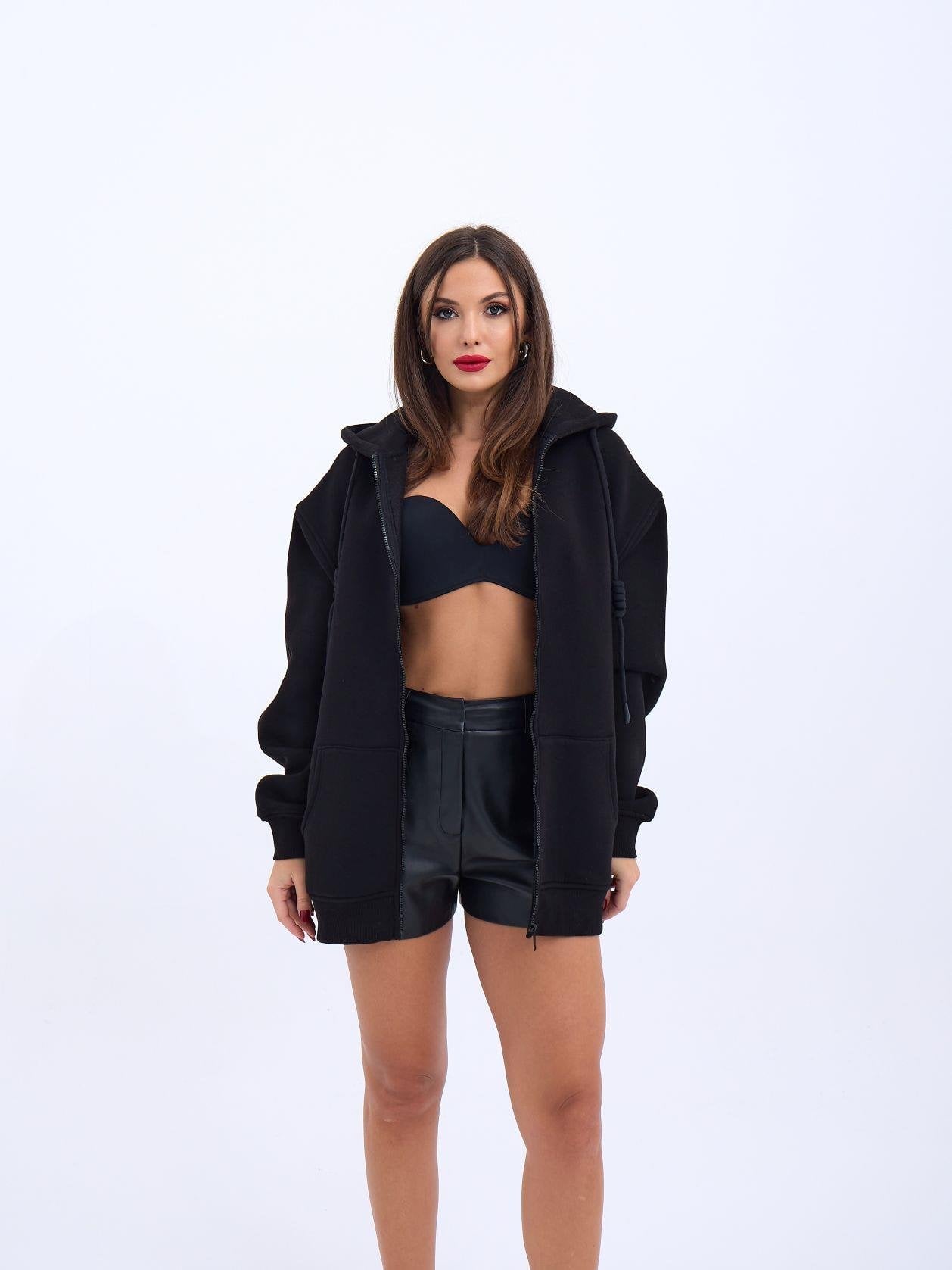 Black Zip-Front Hoodie for Women with Drawstring Hood - Fame - by Peralane
