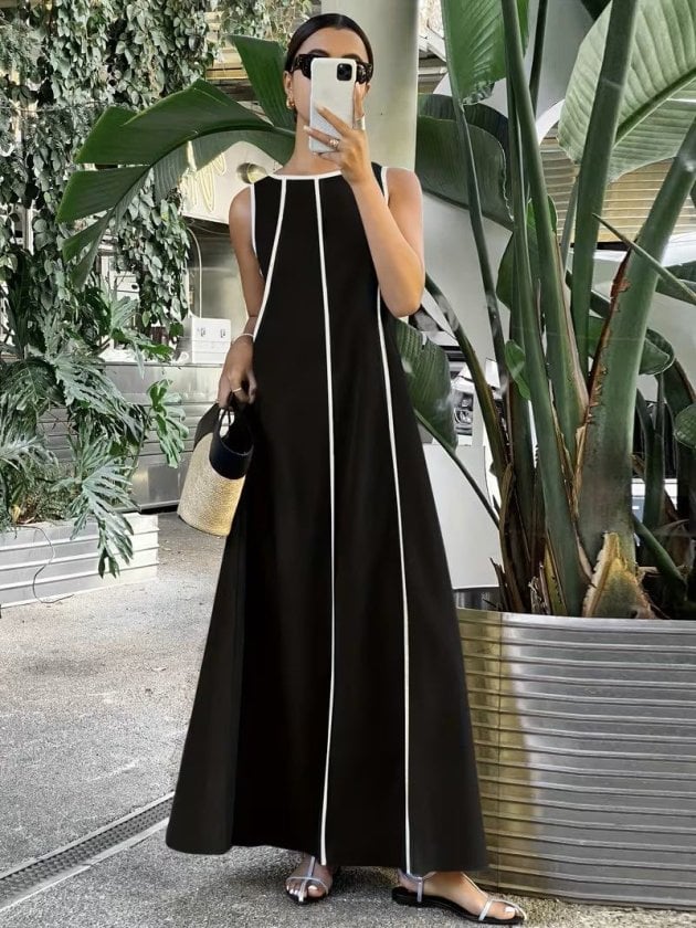 Women's Sleeveless Black Maxi Dress with White Piping - Janes - by Peralane