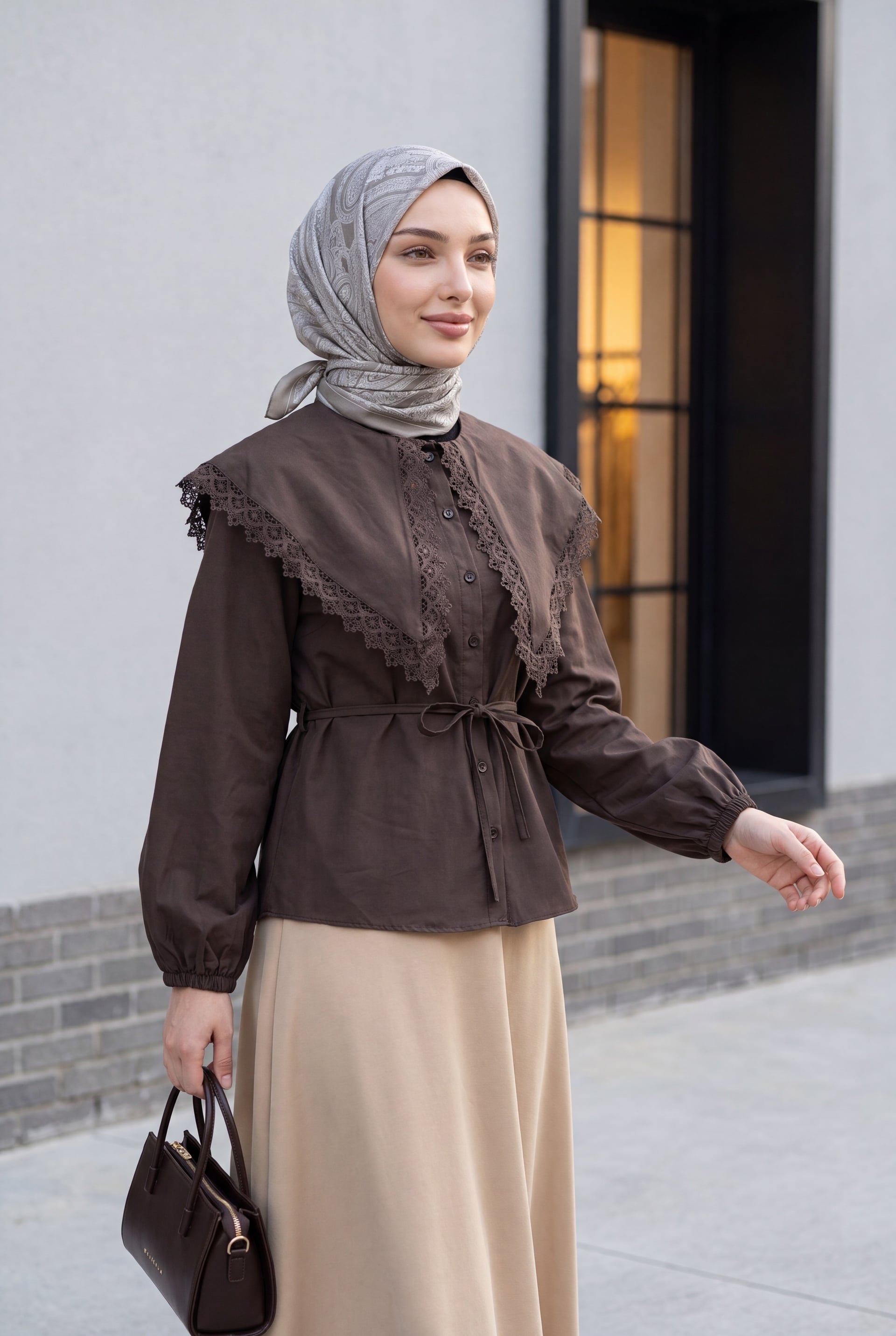 Lace Collar Tie Front Poplin Blouse - Dark Brown - Podyumplus - by Peralane - photo 2