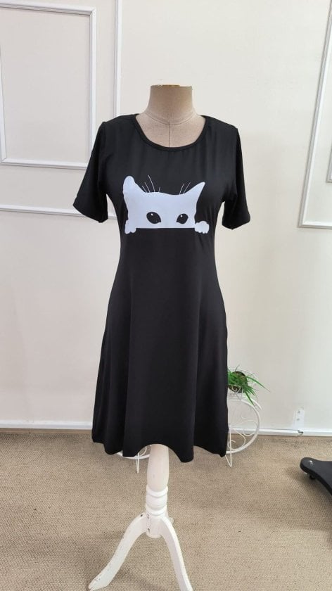 Women's Short Sleeve Bicycle Neck Cat Print Viscose Short Dress - Janes - by Peralane - photo 4
