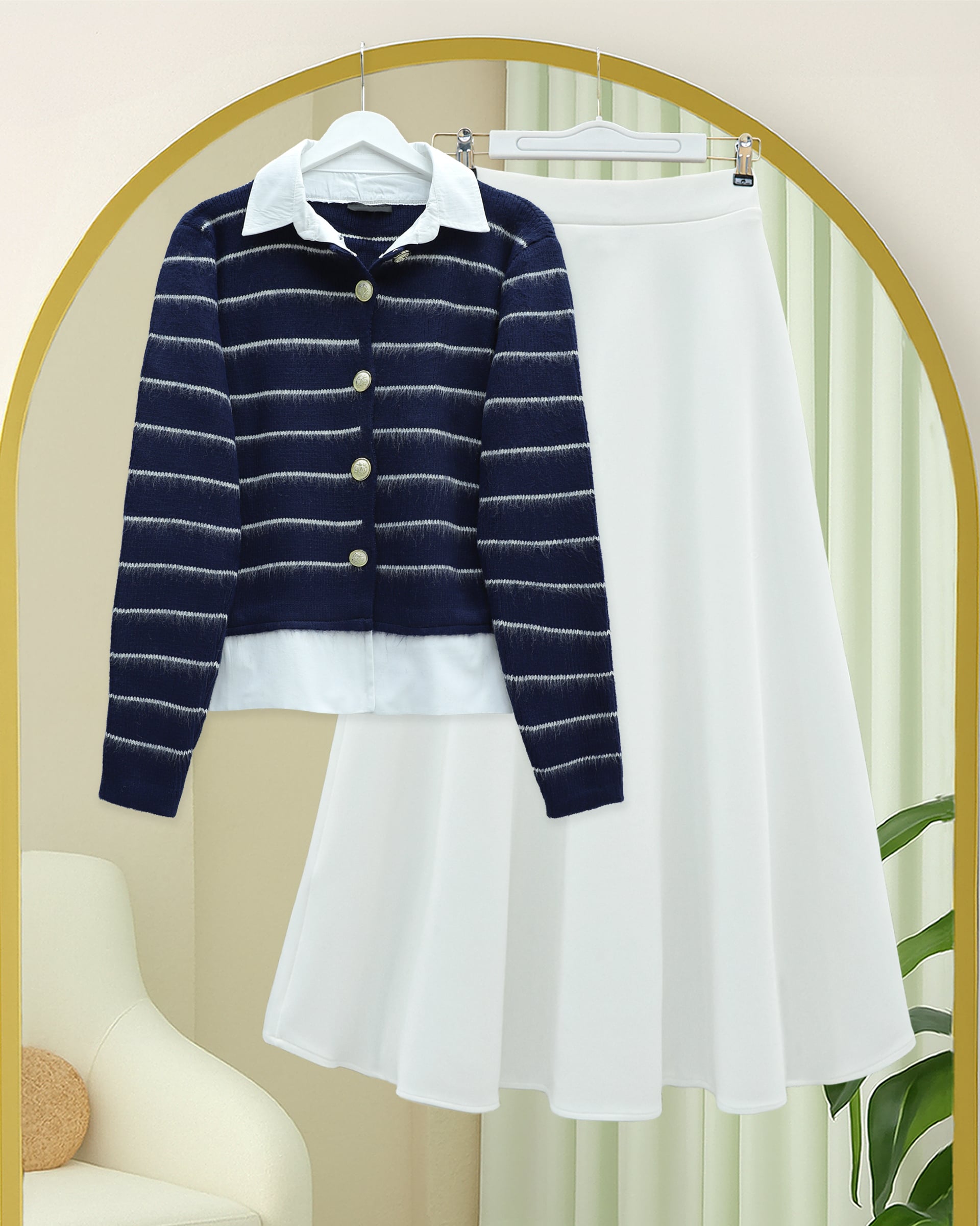 Navy Blue Striped Button-Front Knit Cardigan with Shirt Collar - Podyumplus - by Peralane - photo 3