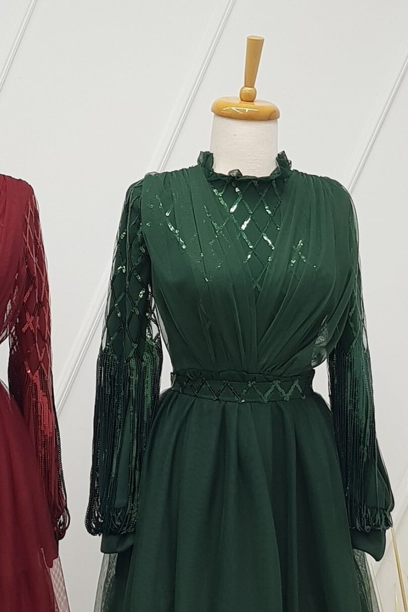 Emerald Green Sequin Tulle Evening Dress with Long Sleeves - Podyumplus - by Peralane - photo 4