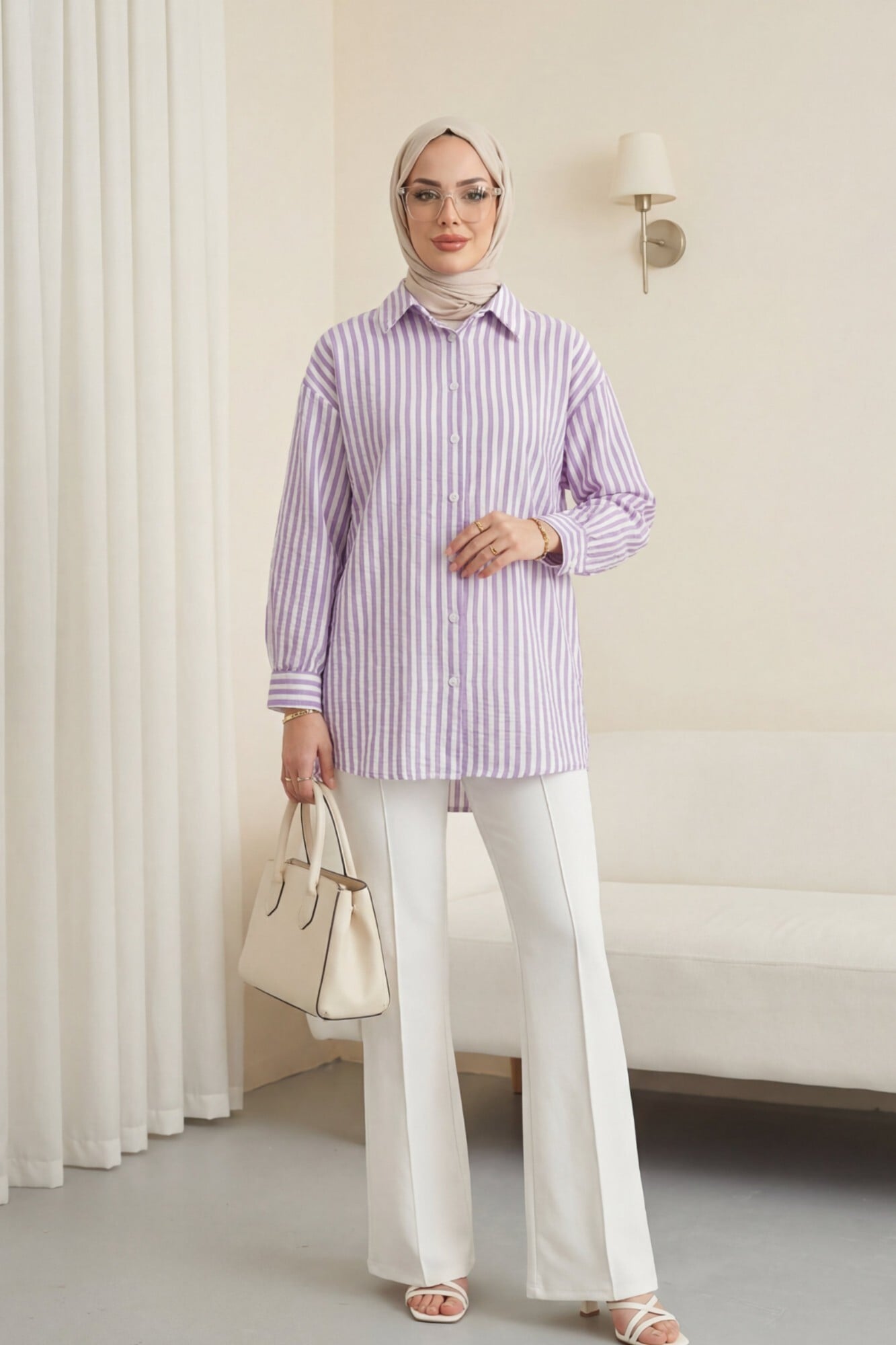 Striped Linen Look Button-Front Long Blouse - Lilac - Podyumplus - by Peralane - photo 8