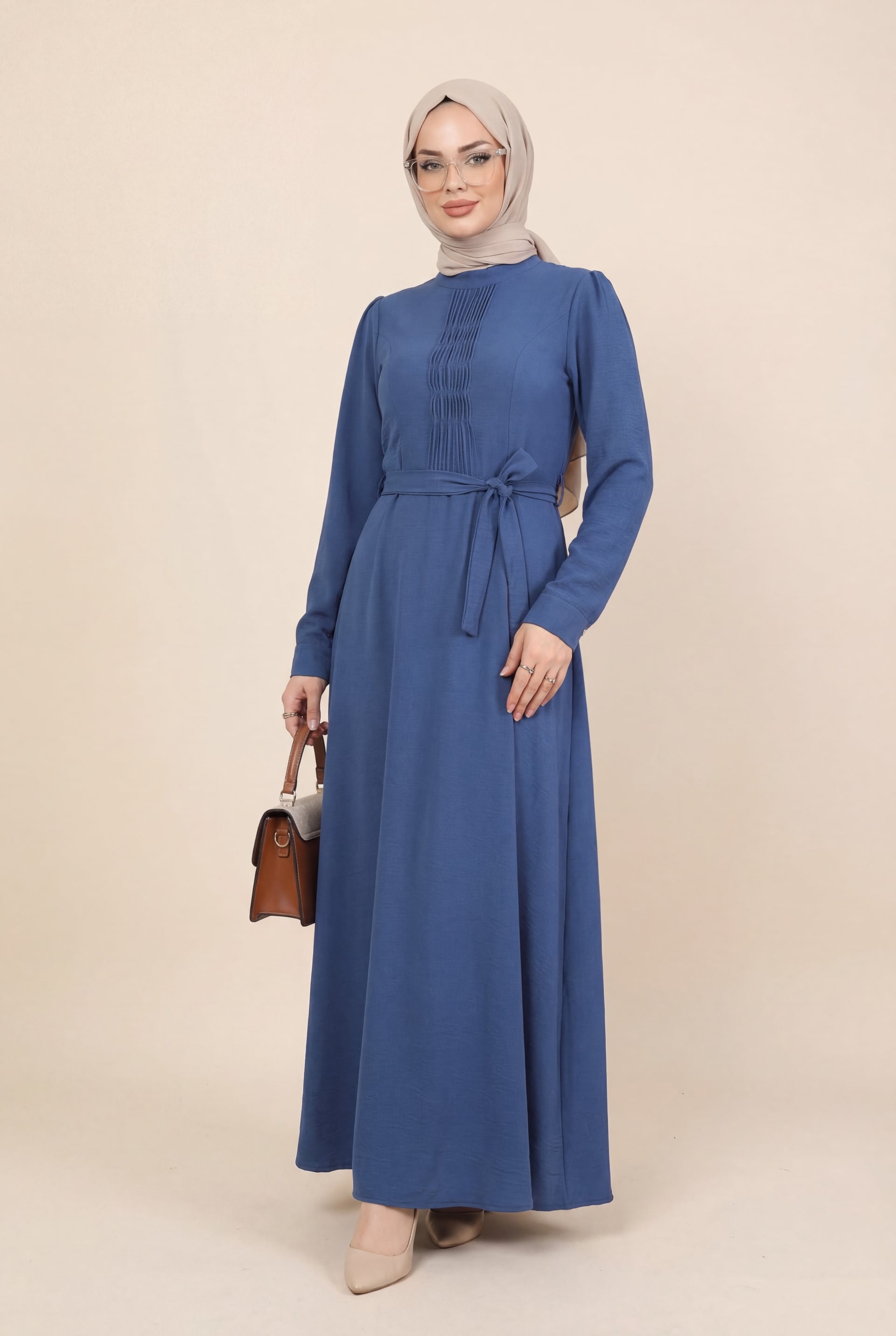 Indigo Pleated Tie-Belt Maxi Dress with Long Sleeves - Podyumplus - by Peralane - photo 2