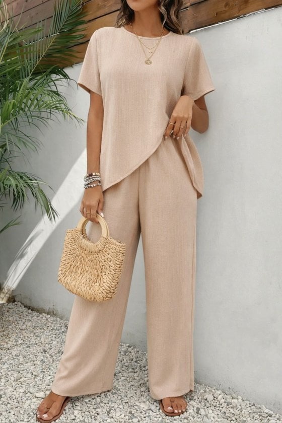 Women's Short-Sleeve Crew Neck Asymmetric Crepe Blouse and Wide-Leg Trousers Two-Piece Set - Janes - by Peralane