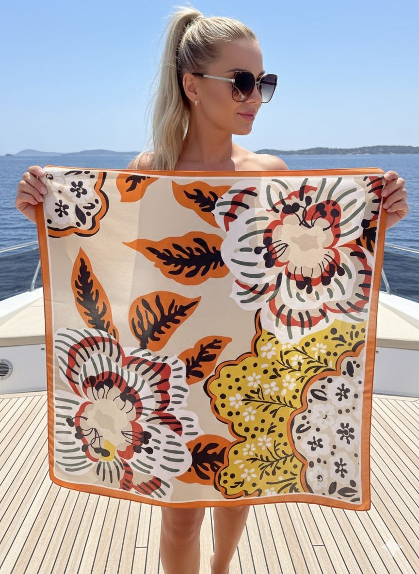 Orange Floral Print Bandana Scarf 70x70 cm - Nesvay - by Peralane