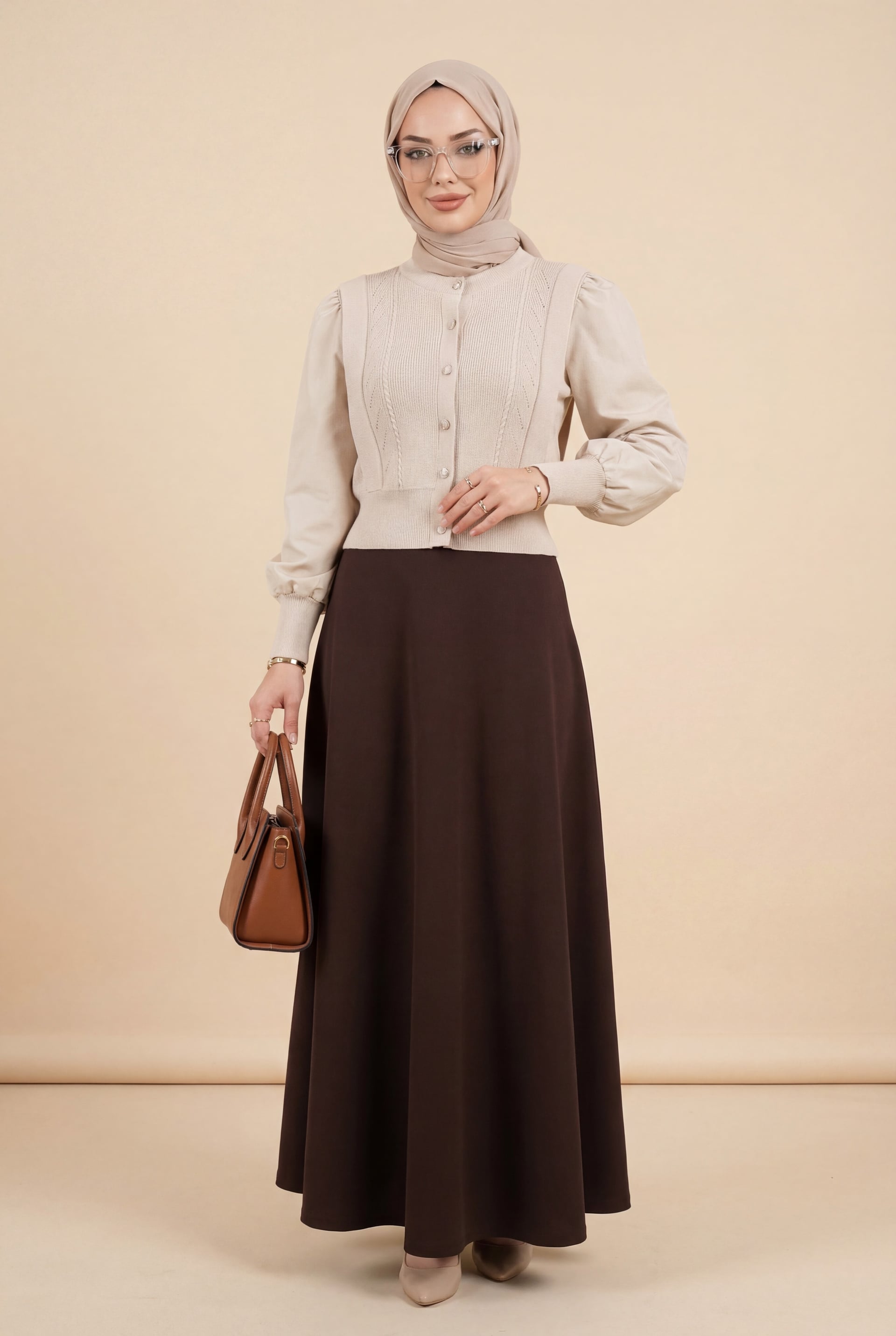 Poplin Sleeve Detail Buttoned Knit Cardigan - Stone - Podyumplus - by Peralane - photo 3