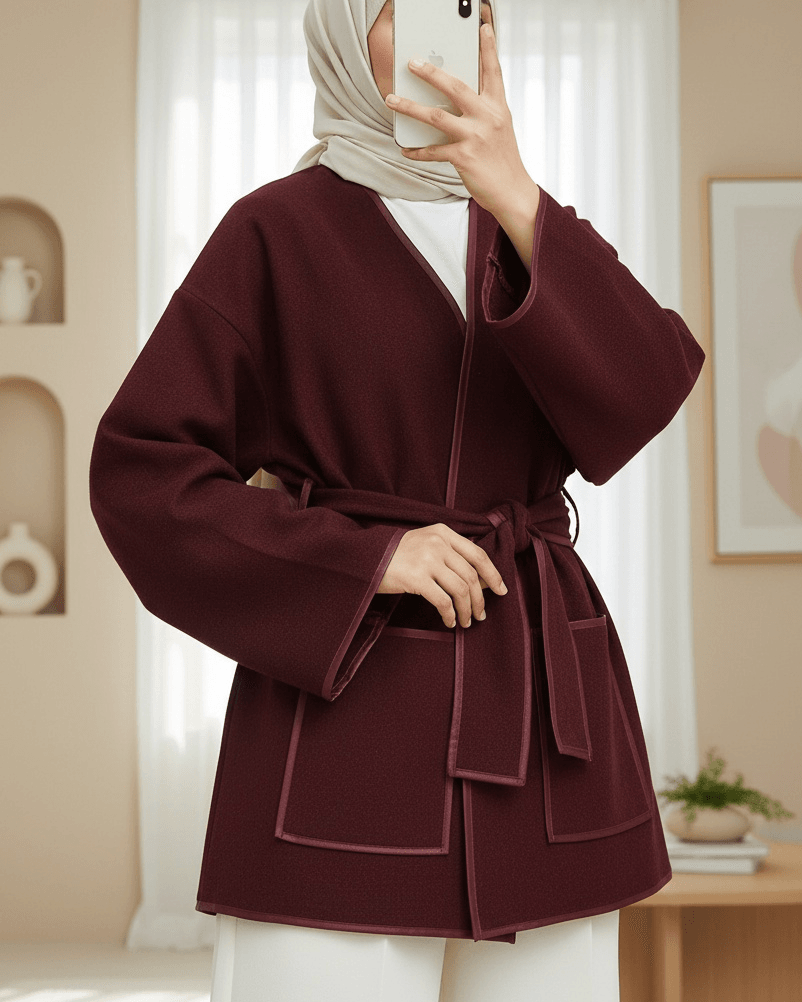 Piped Detail Double Pocket Belted Cashmere Kimono - Bordeaux - Podyumplus - by Peralane - photo 2