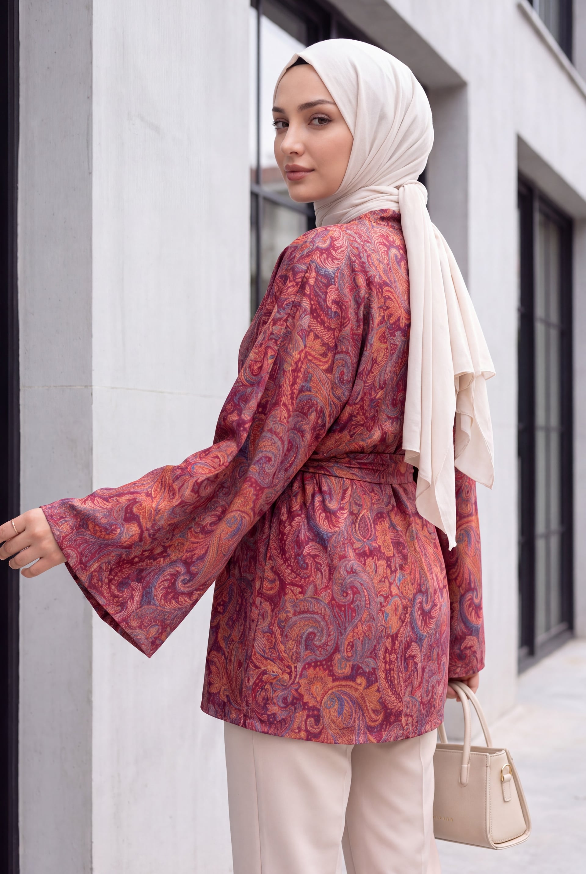 Ethnic Pattern Tie-Belt Kimono - Bordeaux - Podyumplus - by Peralane - photo 4