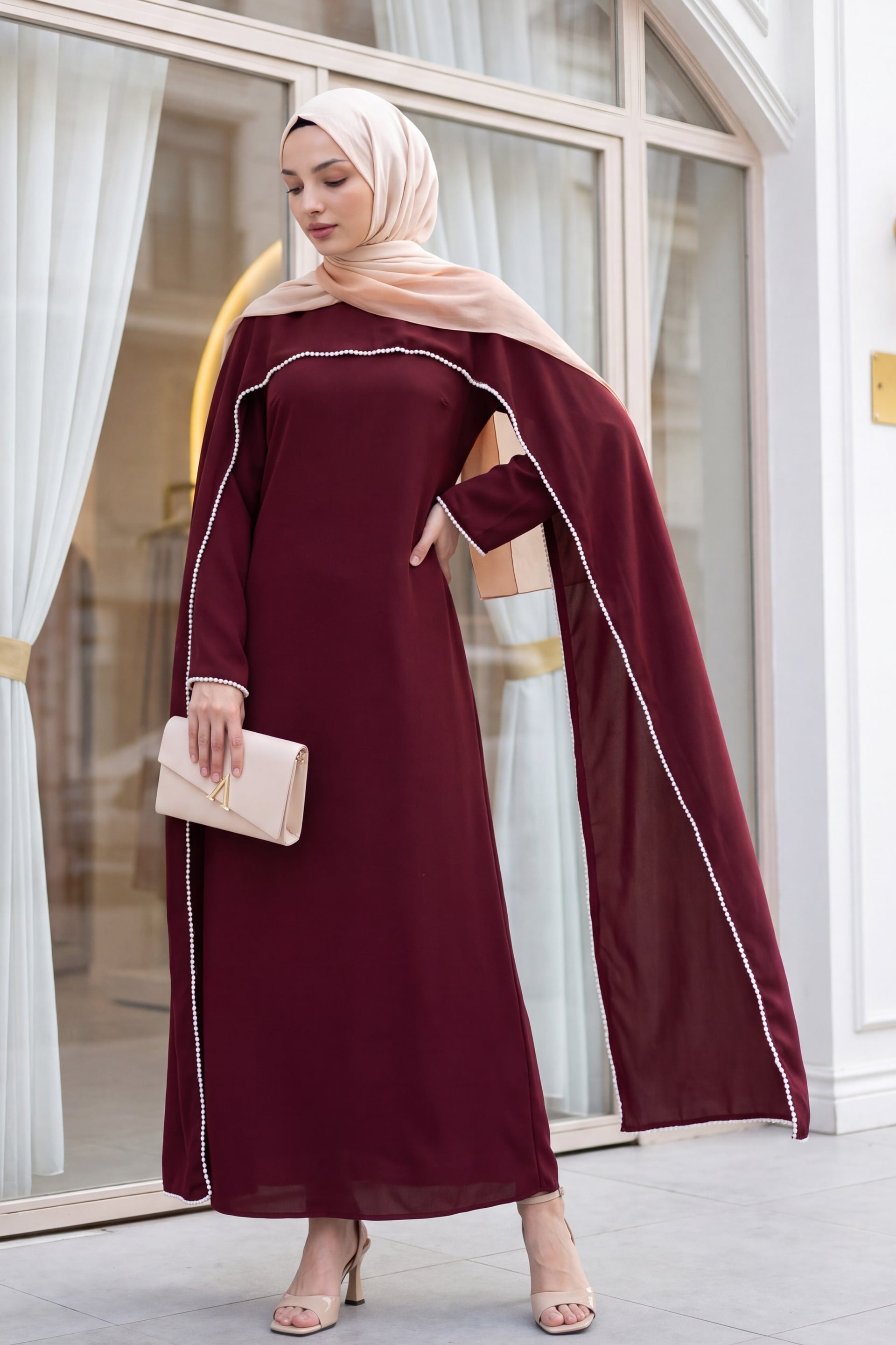 Burgundy Abaya Dress with Pearl Details and Detachable Cape - Podyumplus - by Peralane - photo 4