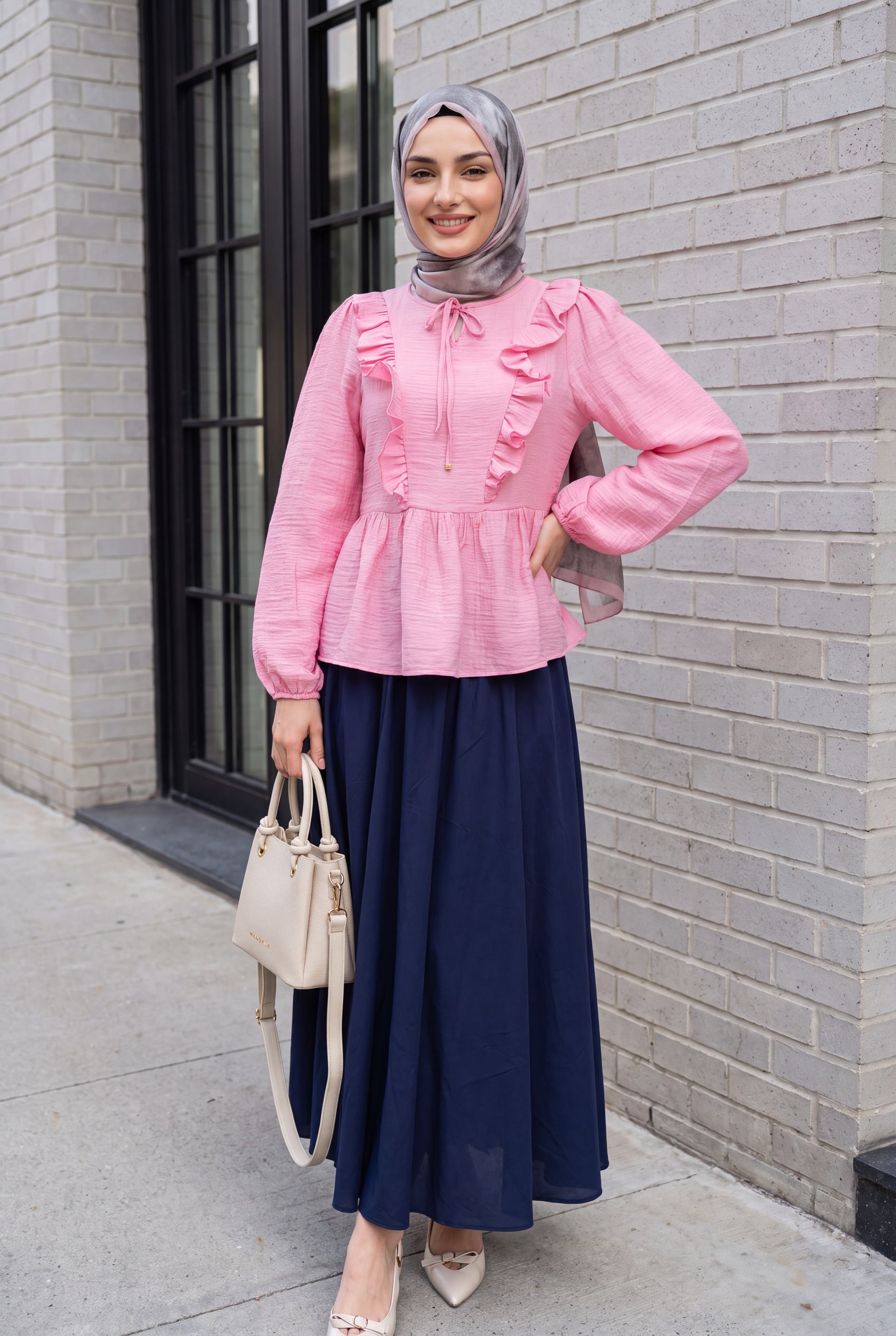 Tie-Neck Ruffle-Front Crinkle Blouse - Pink - Podyumplus - by Peralane - photo 3