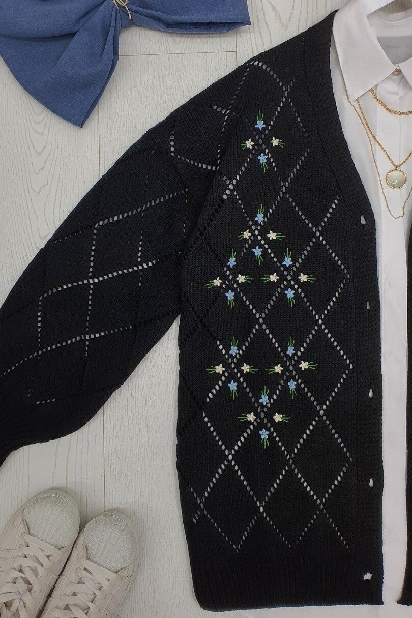 Embroidered Floral Knitted Cardigan - Black - Podyumplus - by Peralane - photo 6