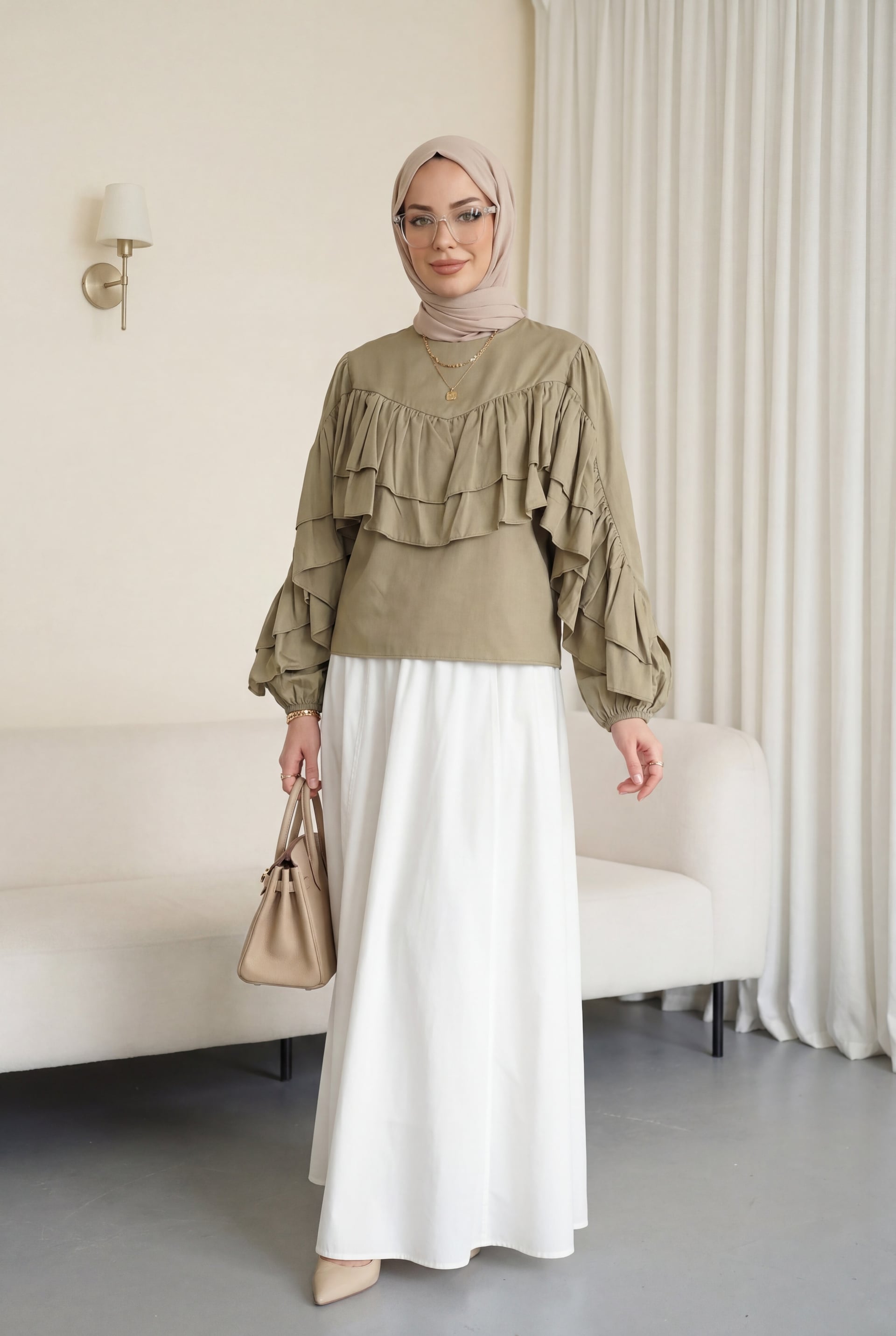 Ruffled Sleeve Blouse with Elastic Cuffs - Olive Green - Podyumplus - by Peralane - photo 4