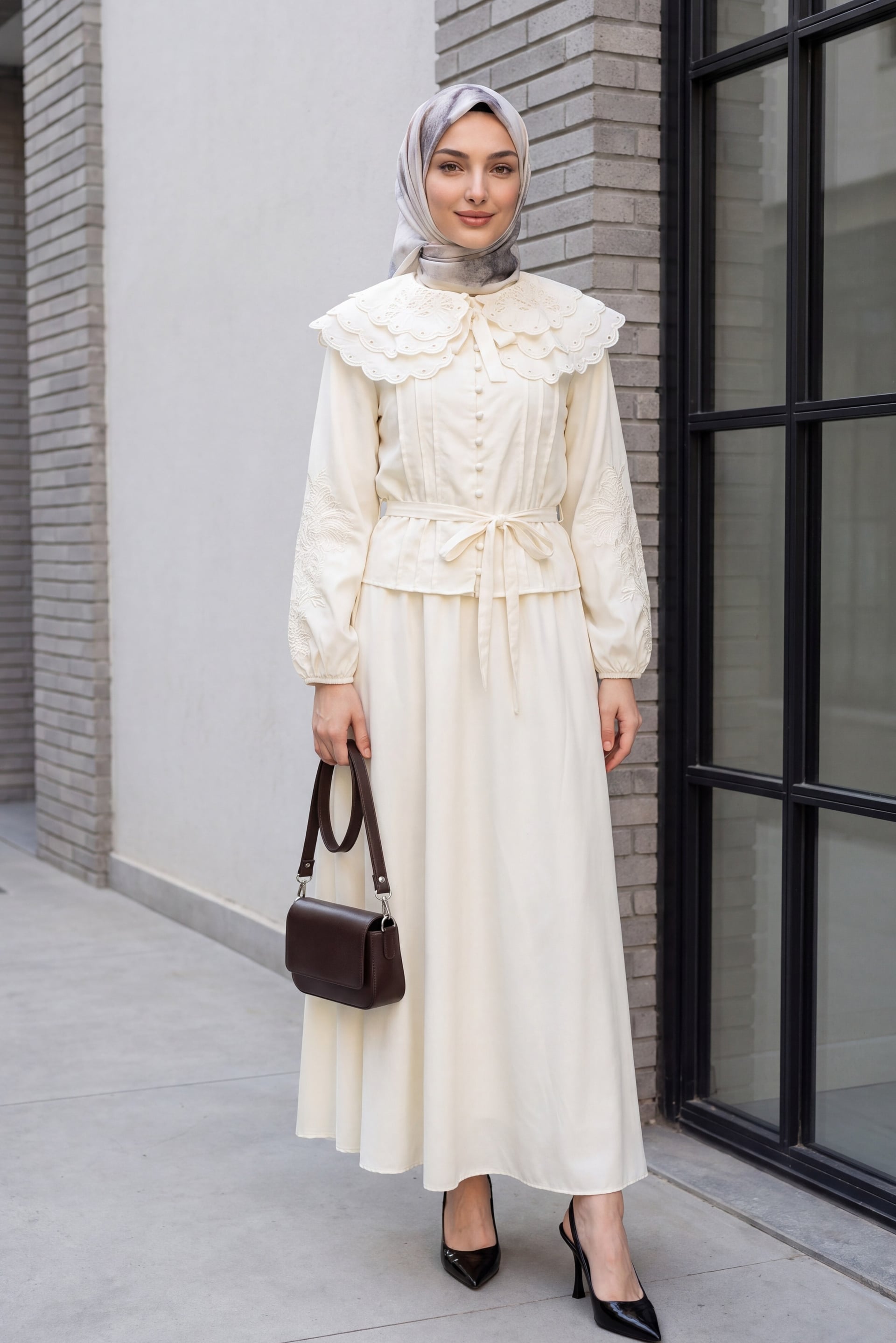 Cream Poplin Modest Two-Piece Set with Eyelet Collar and Lined Skirt - Podyumplus - by Peralane - photo 2