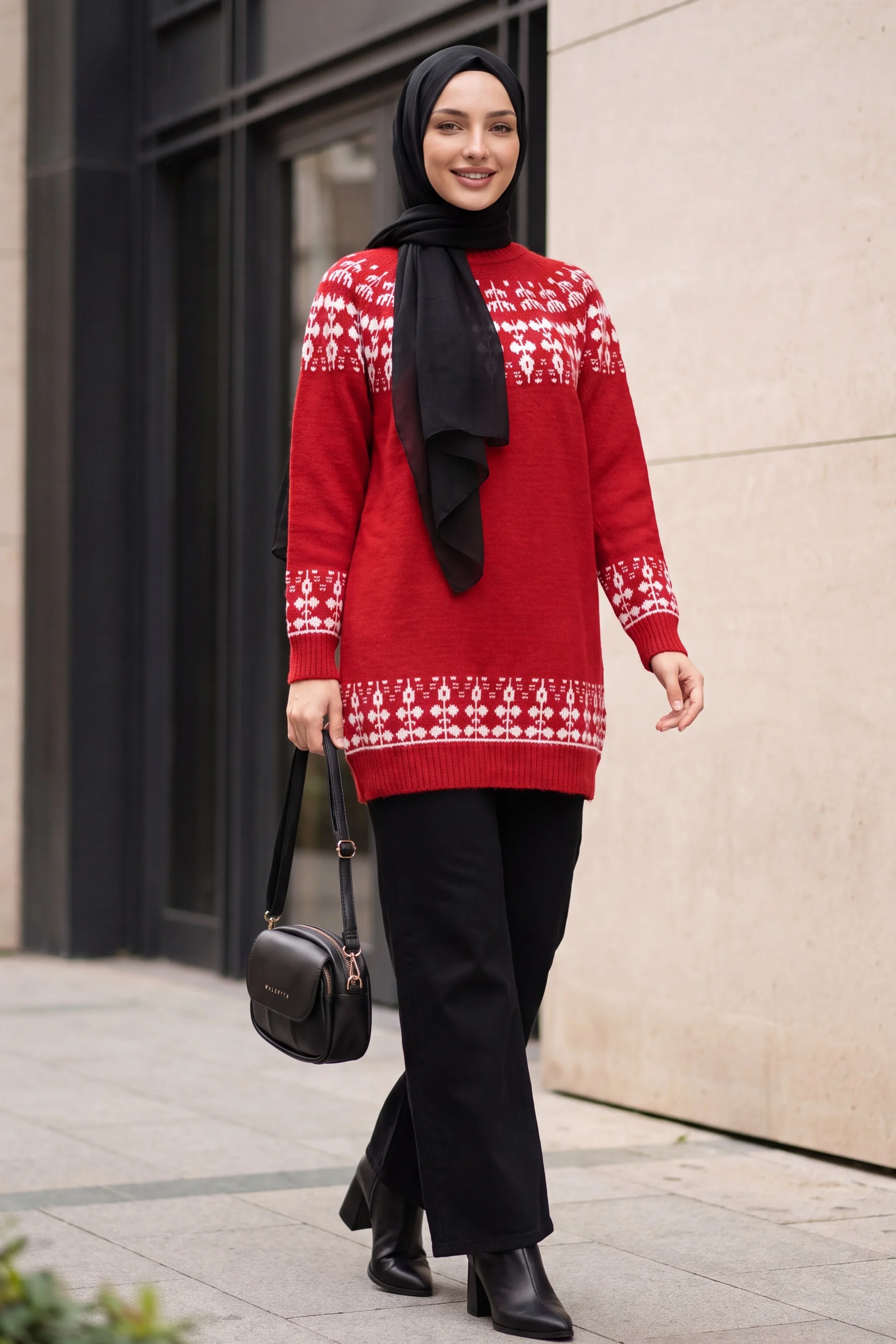 Half-Collar Patterned Knit Tunic - Red - Podyumplus - by Peralane - photo 4