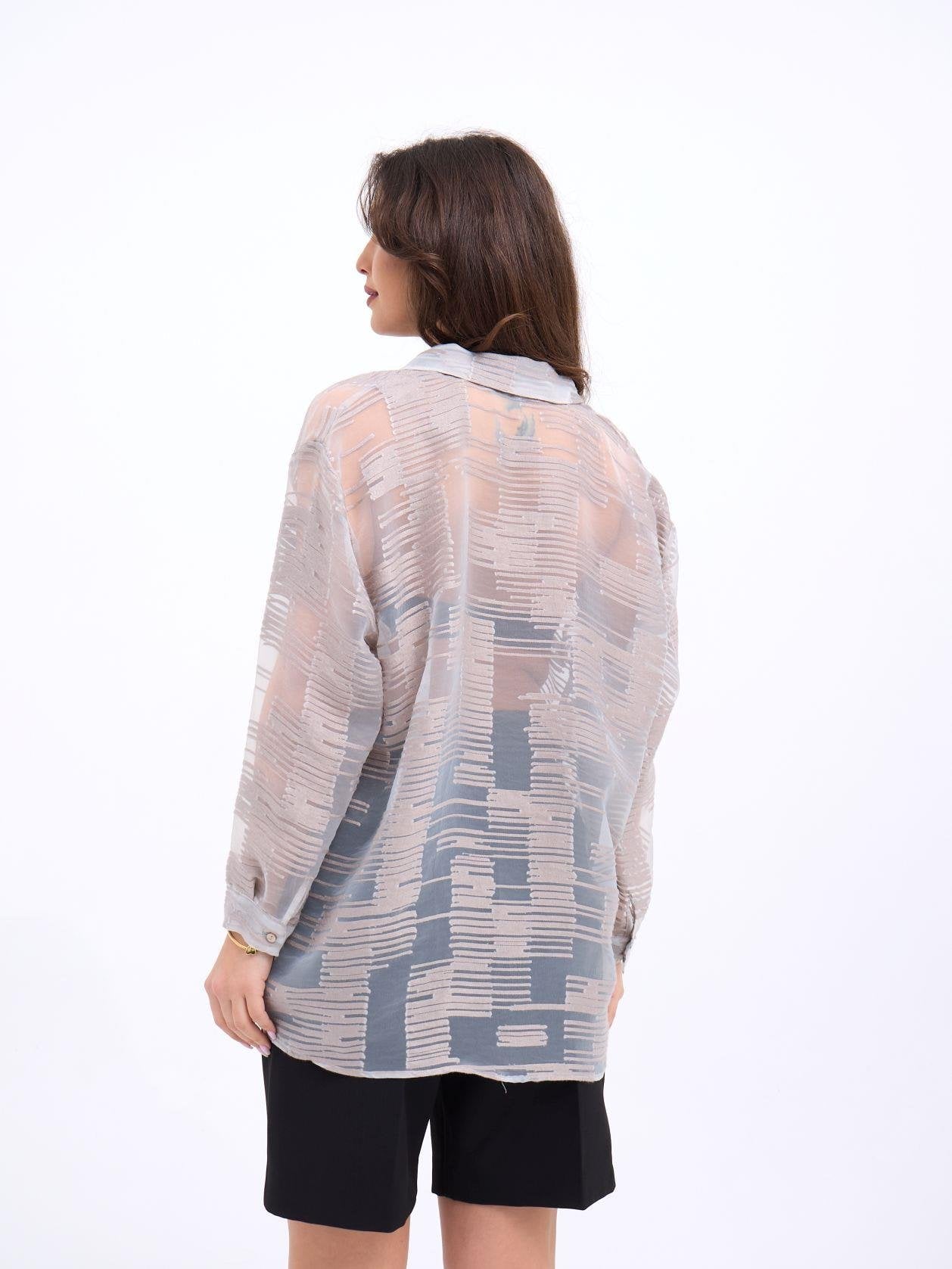 Sheer Striped Long-Sleeve Blouse in Light Beige - Fame - by Peralane - photo 2