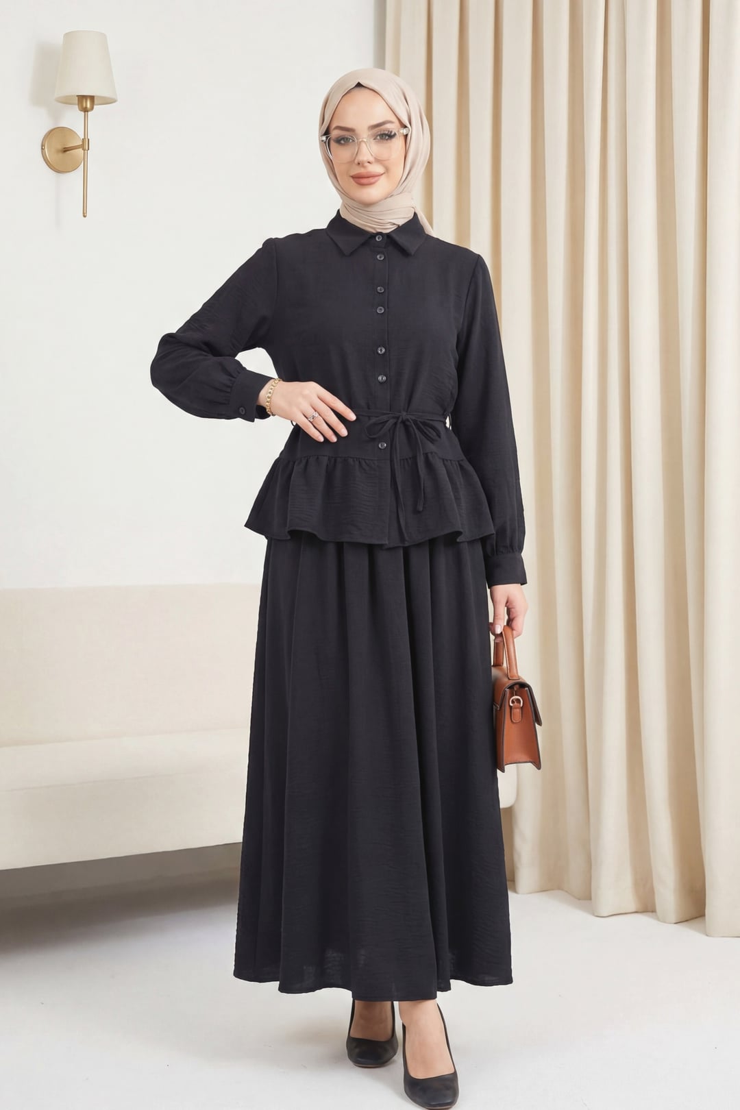 Black Two-Piece Modest Set with Long-Sleeved Blouse and Maxi Skirt - Podyumplus - by Peralane - photo 4