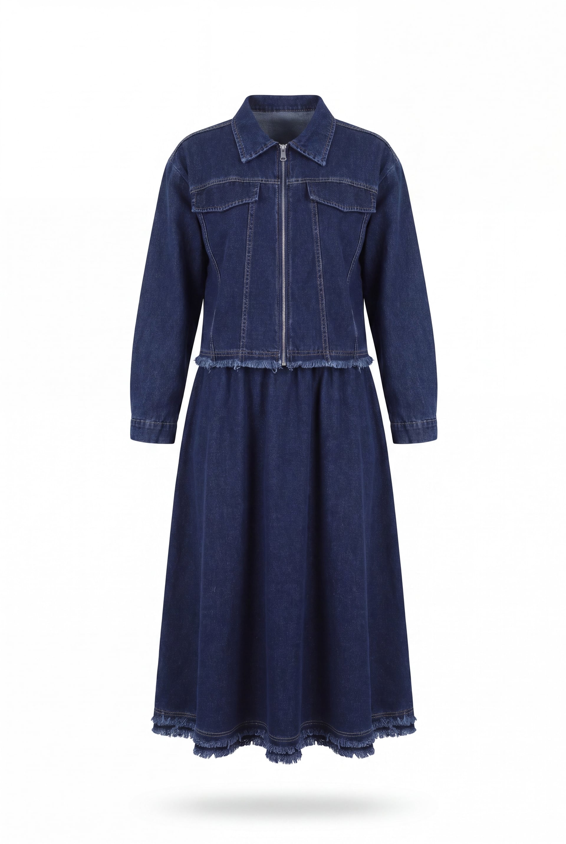 Fringed Zip-Front Denim Jacket and Skirt Co-ord Set - Navy - Podyumplus - by Peralane - photo 4