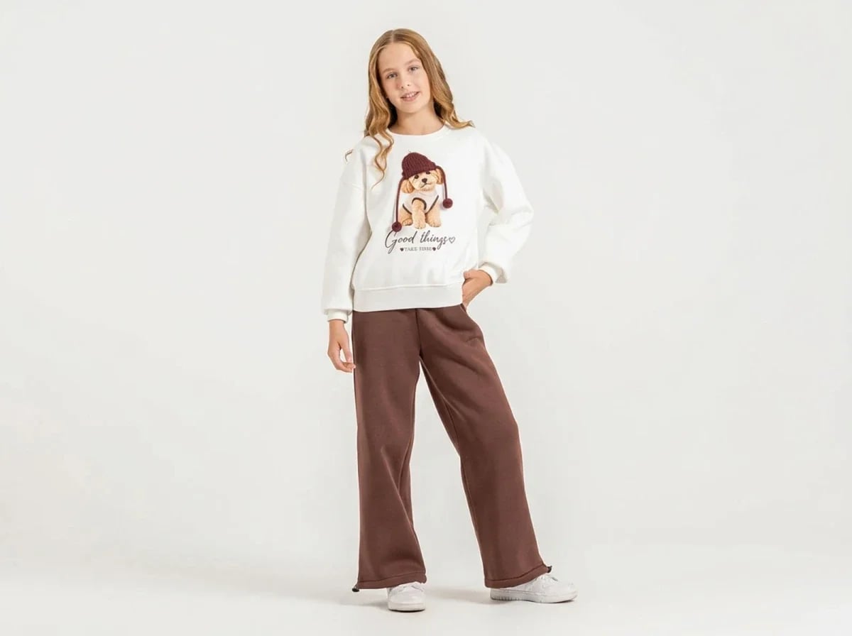 Girls' Teddy Bear Print Fleece Sweatshirt and Trousers Set - Brown - ÖZ Bebe - by Peralane
